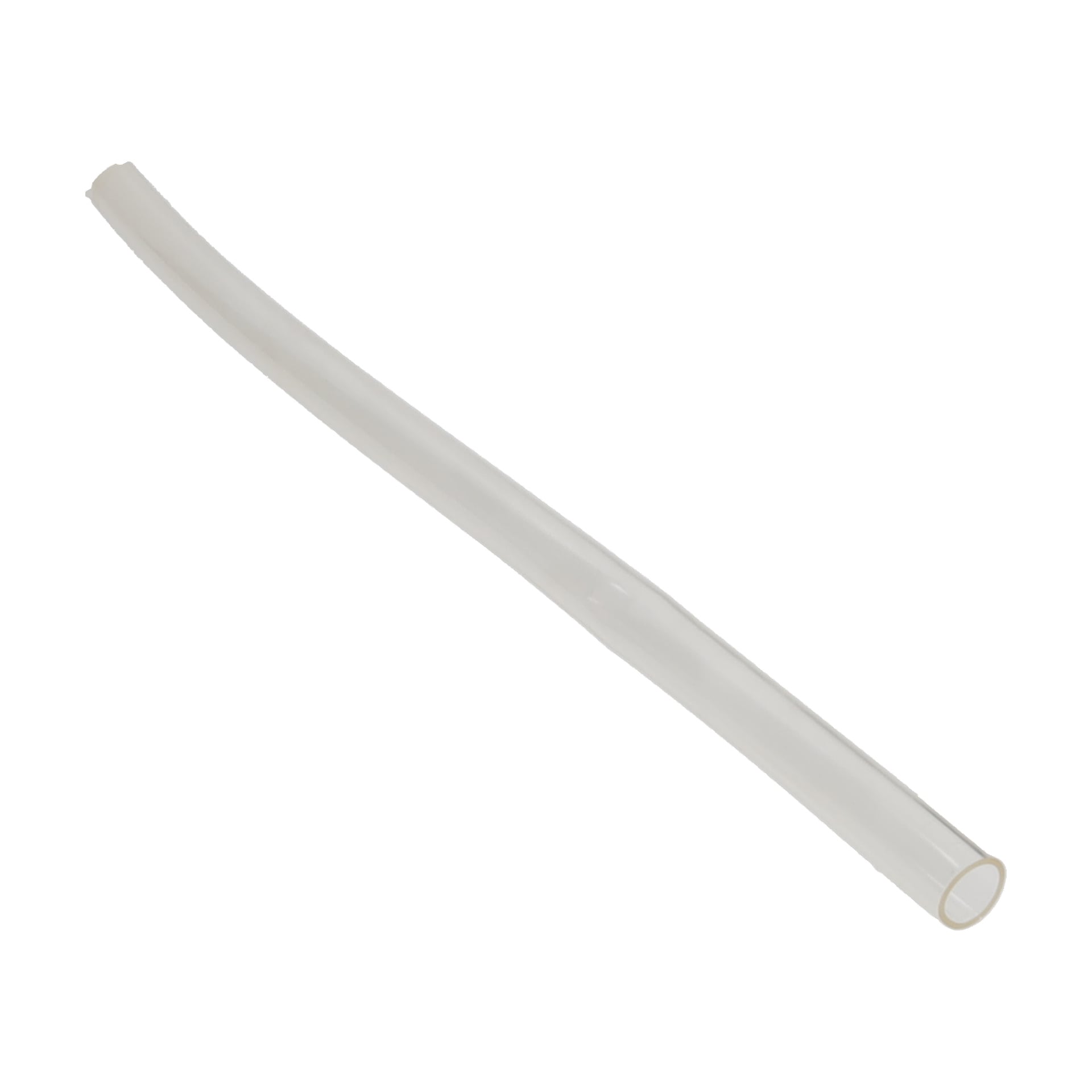 En transparent, mjukt böjd dräneringsslang med öppna ändar på båda sidor.