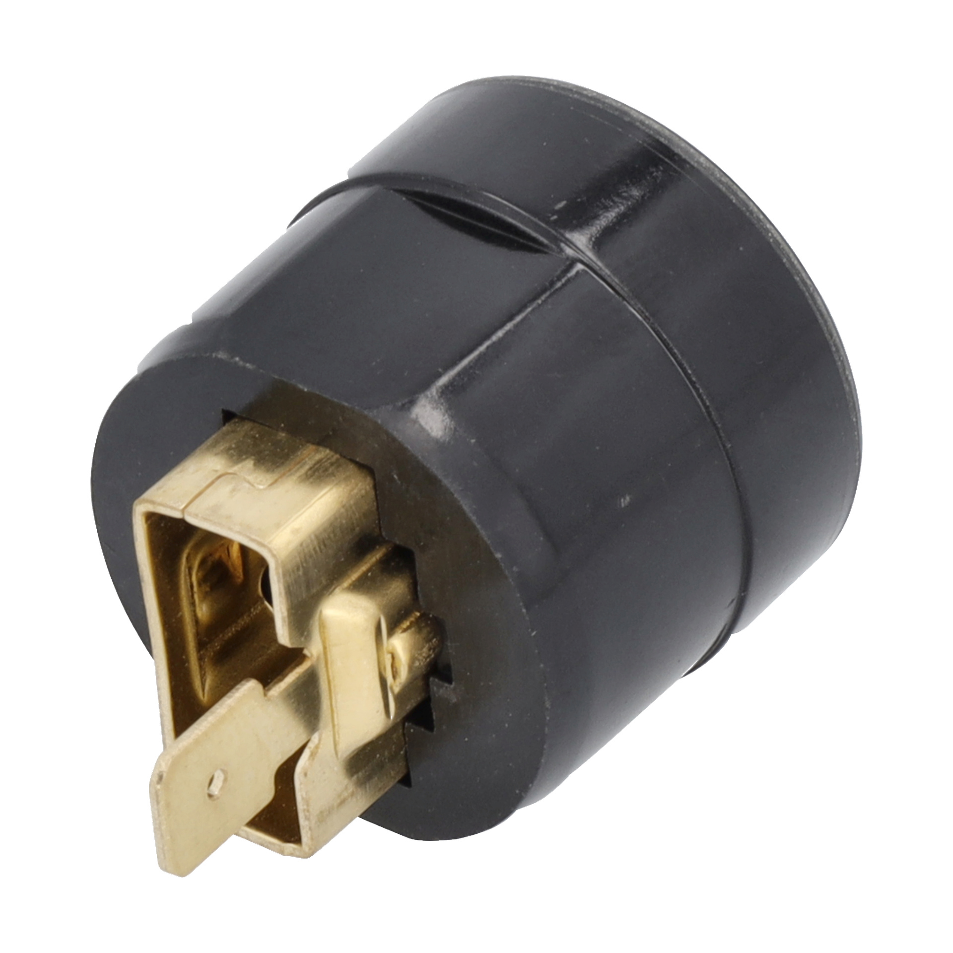 Närbild av Carbon Holder F. 017523, en svart cylindrisk adapter med guldmetallstift och kontakter i ena änden.