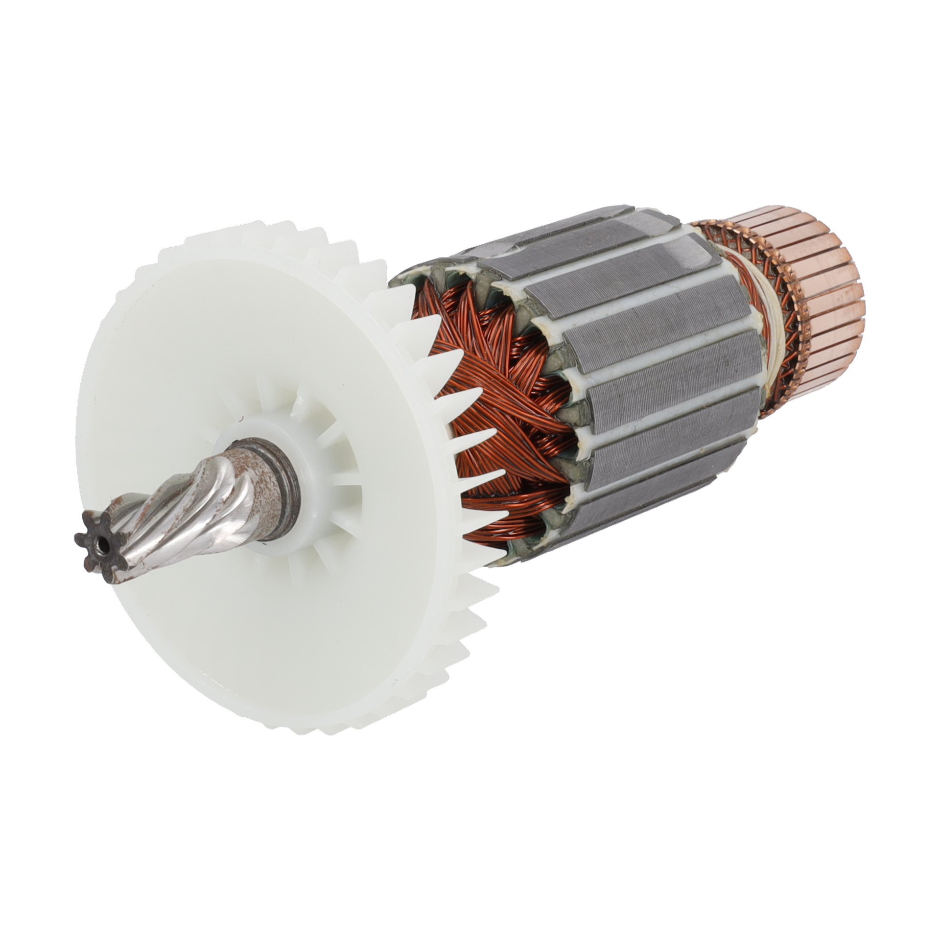 Närbild av Rotor F. 017523 med kopparspolar, en laminerad kärna, ett vitt plastkugghjul och ett metallpinion-kugghjul.