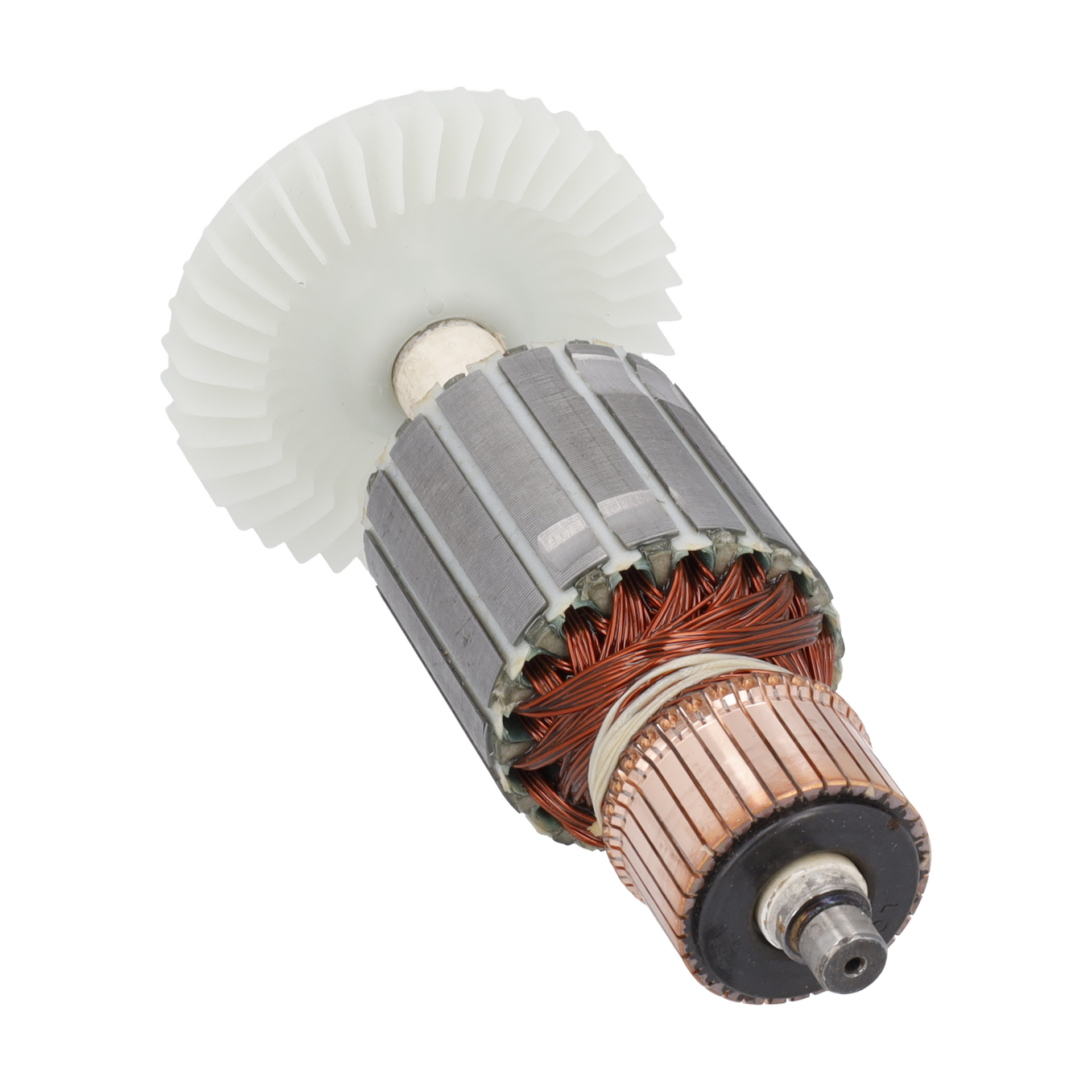 Rotor F. 017523 har synliga koppartrådspolar, en central metallkärna och ett vitt plastkugghjul i ena änden.