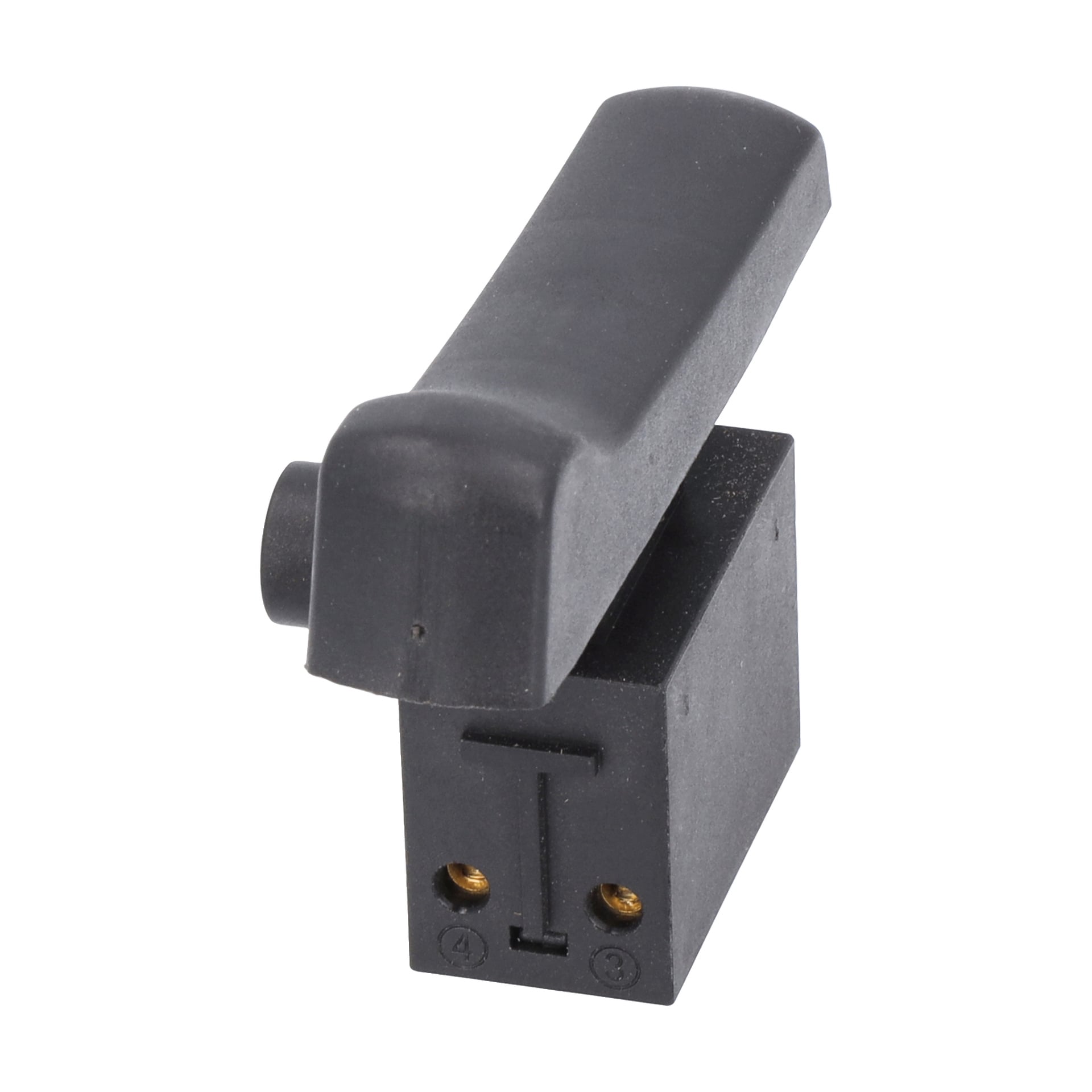 Power Switch F. 017523:ssa on musta suorakaiteen muotoinen pohja, suuri viisto vipu, kaksi etumetallikontaktia ja uran merkinnät.