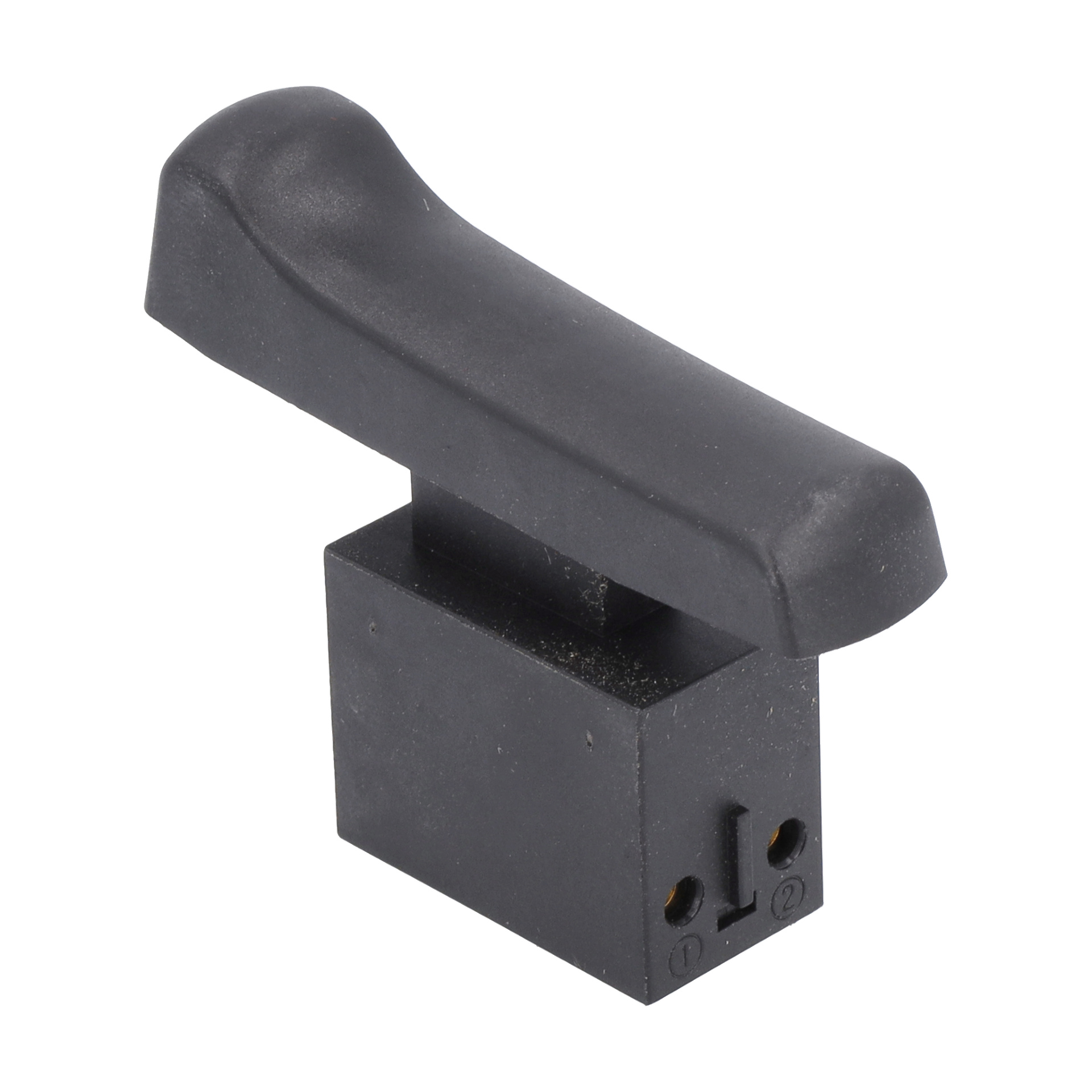 Power Switch F. 017523:ssa on musta muovinen vipu, suorakaiteen muotoinen pohja, kaksi etuosan pyöreää reikää merkittyinä 1 ja 2 sekä leveä kaareva kansi.