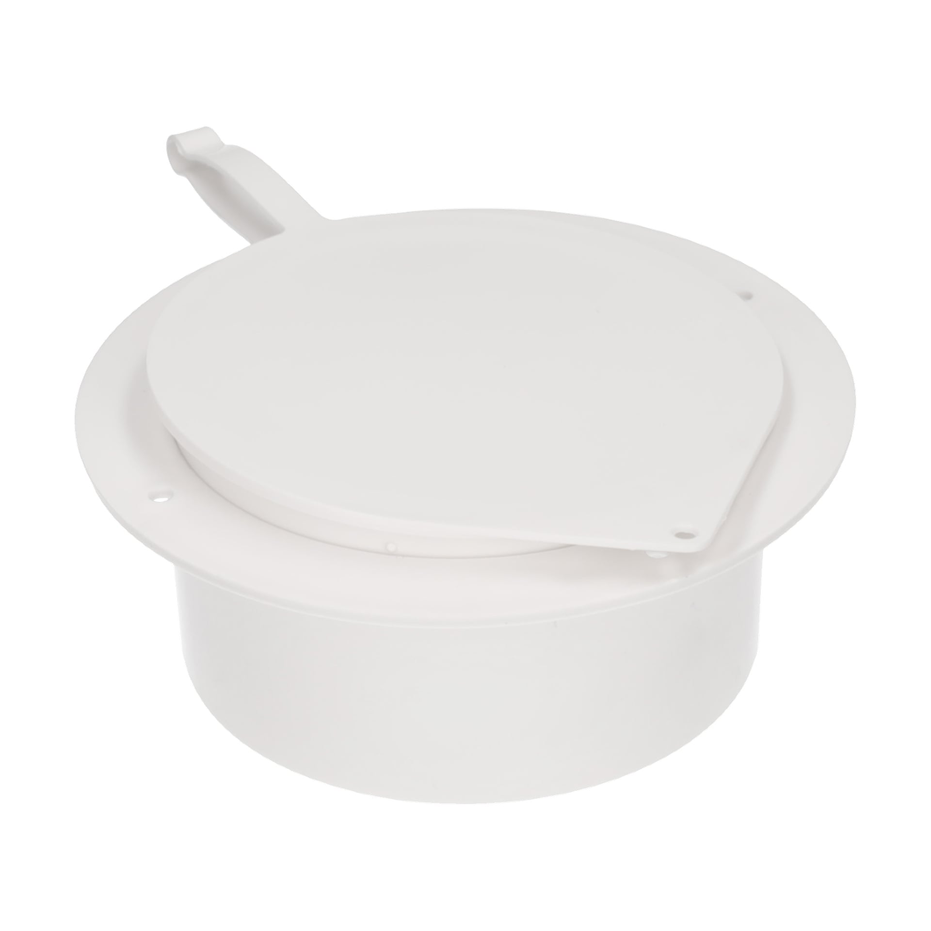 Outer Air Connection F. 013946 är en vit, rund plastbehållare med ett platt gångjärnslock och ett litet sidohandtag.