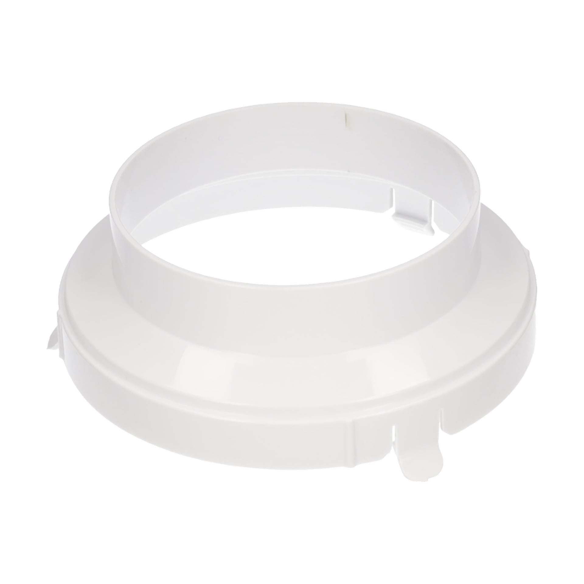 En vit, rund plastadapter för luftkonditionering med bred bas, mindre öppning ovanpå, slät yta och hackade kanter.