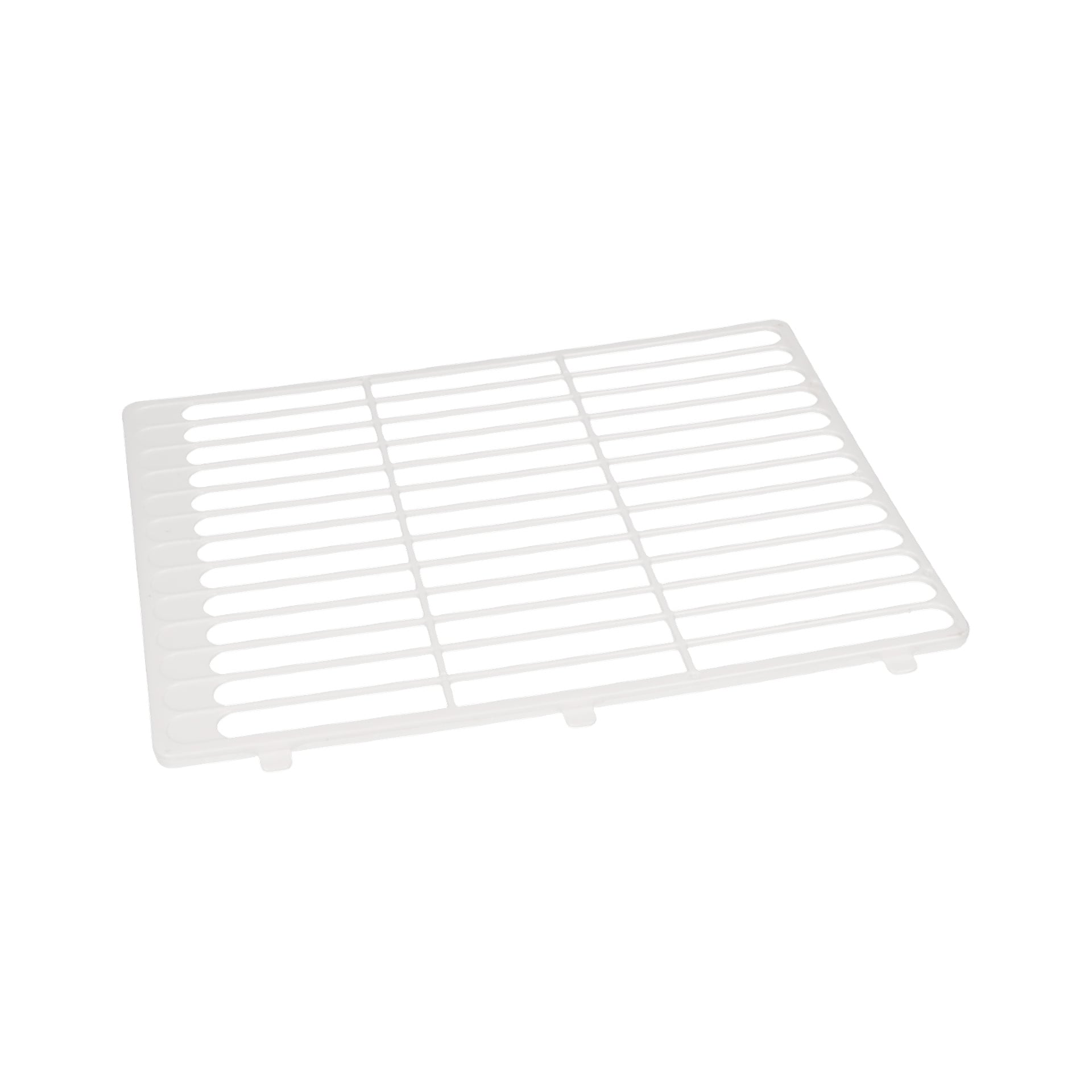 Filter F. 013946 är ett vitt plastgallerställ med små fötter, med jämnt fördelade stänger för platt placering och elevation.