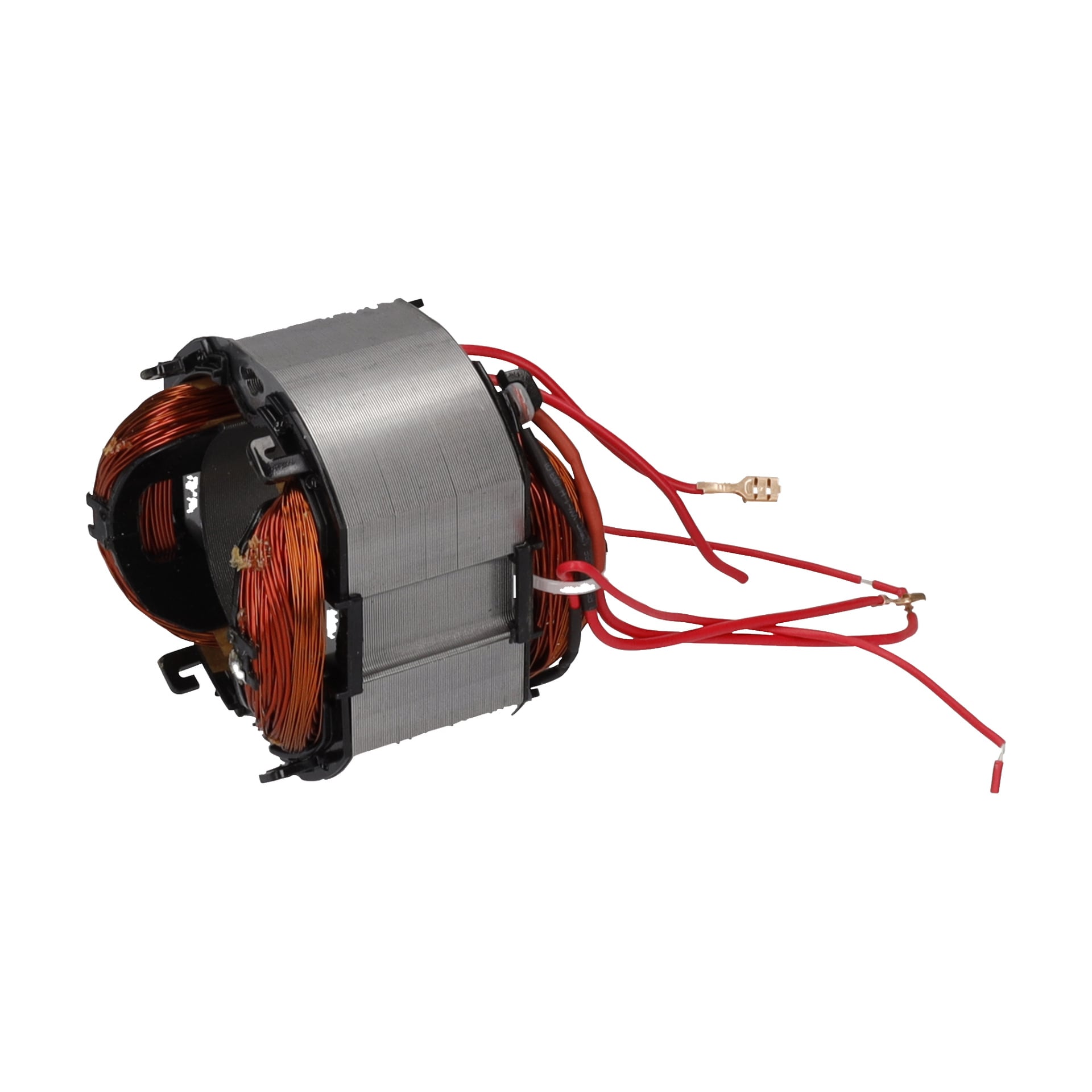 Uzwojenie silnika F. 017711 posiada metalowy stojan, cewki miedzianych drutów oraz czerwone przewody do zastosowań w silnikach elektrycznych lub generatorach.