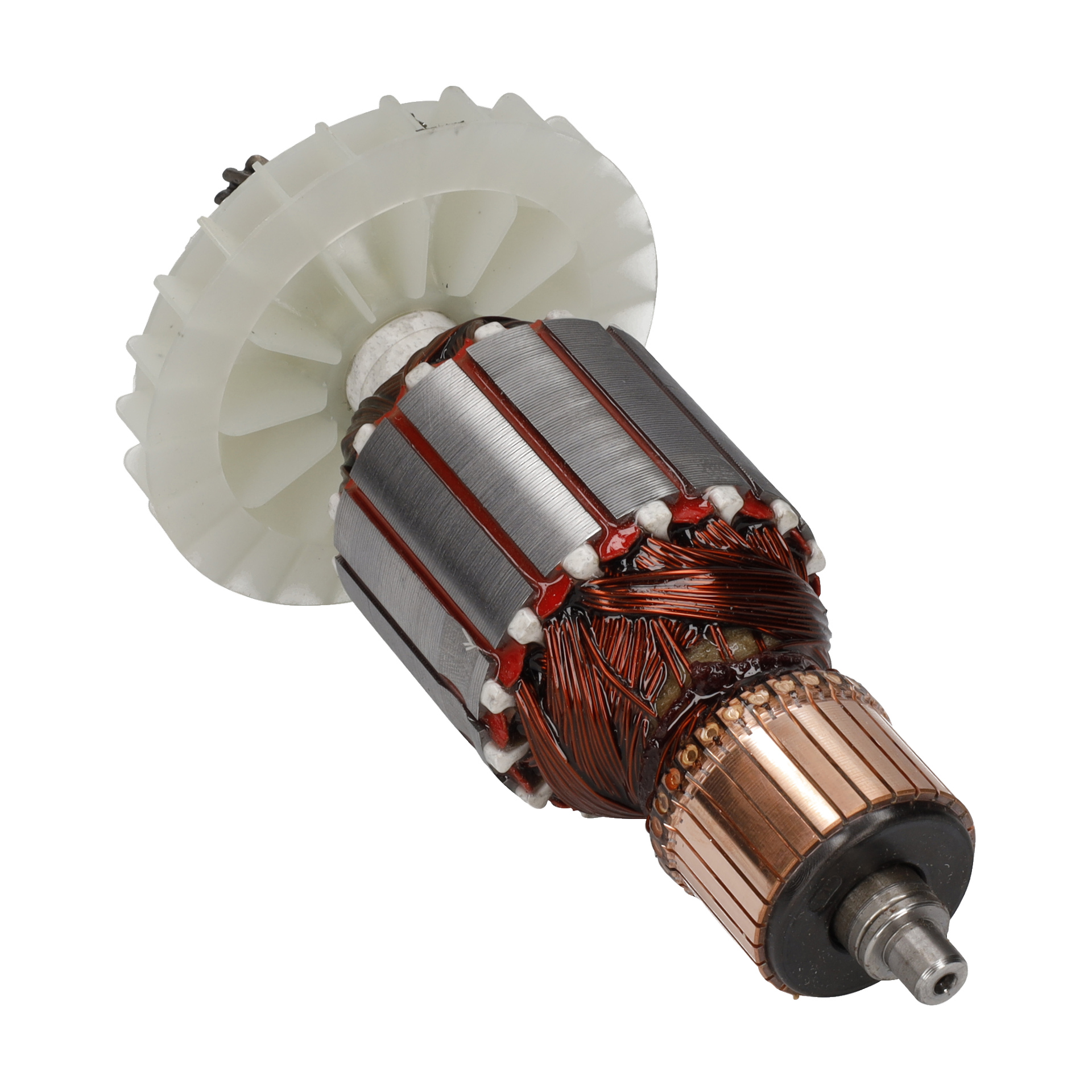 Närbild på Rotor F. 017711 som visar kopparlindningar, en laminerad kärna och en vit plastfläkt i ena änden.