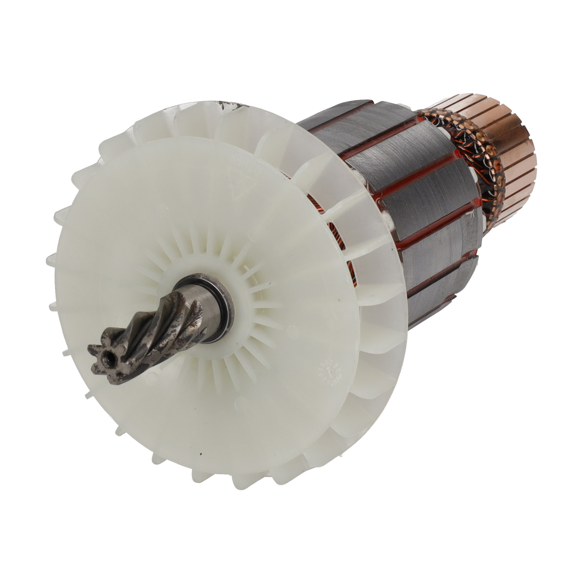 Närbild av Rotor F. 017711, som visar en metallaxel med kugghjul, kopparlindningar, lager-på-lager-kärna och en vit plastfläkt i ena änden.