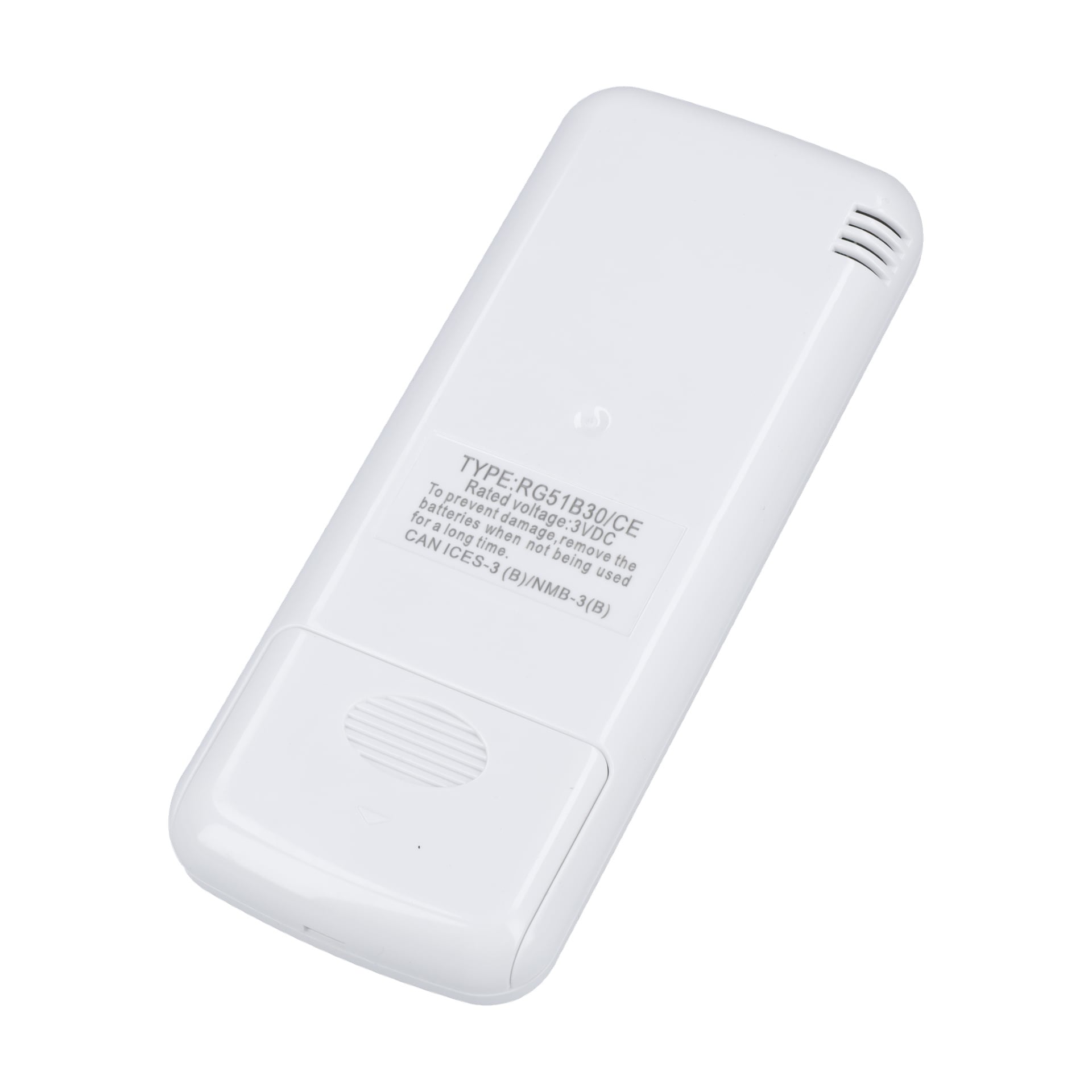 Vit plast-luftkonditioneringskontroll sedd bakifrån, med modelletikett, övre ventil och texturerad nedre batterilock.
