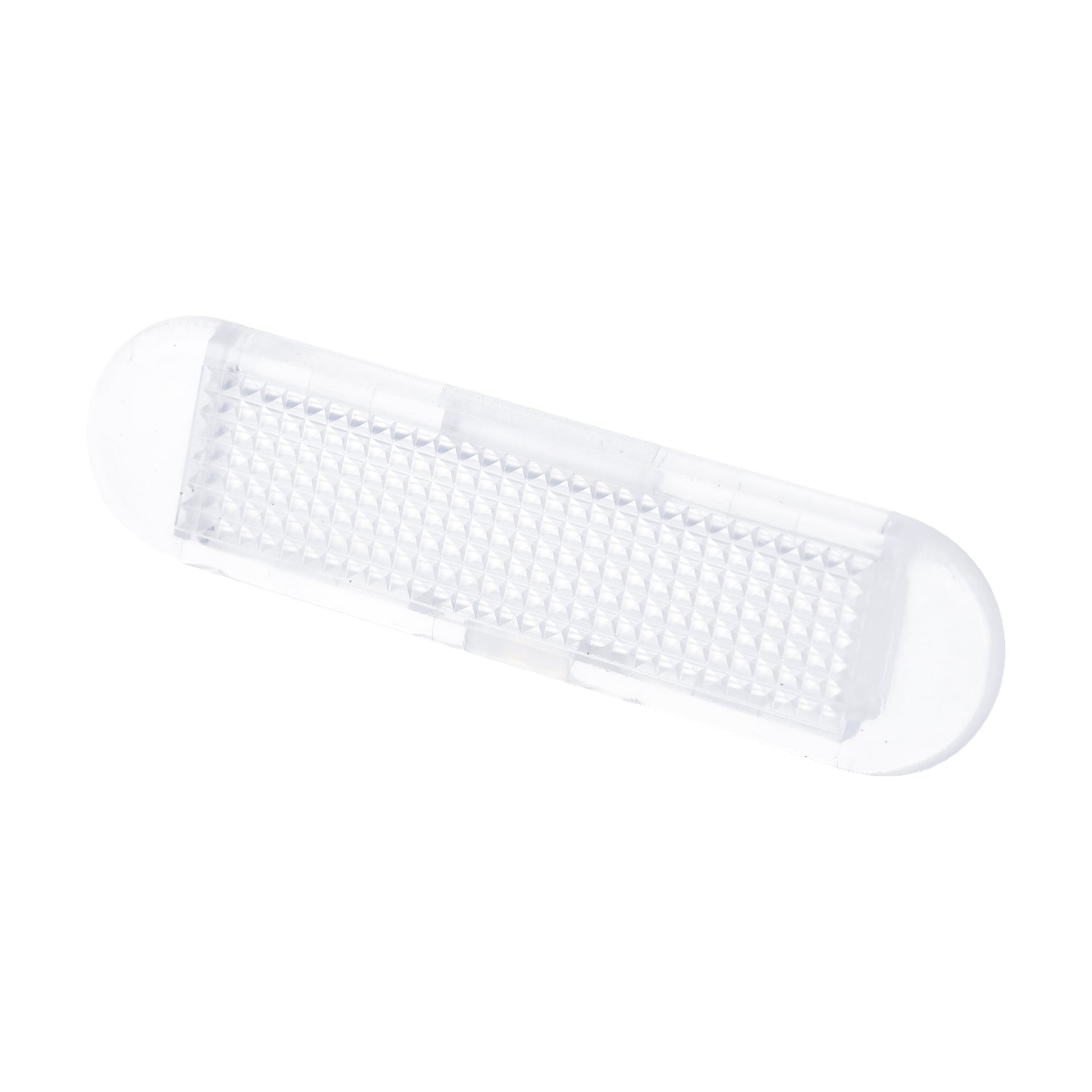 Light Cover F. 001582 är en transparent, rektangulär plastreflektor med rundade kanter och ett rutnätsmönster i mitten.