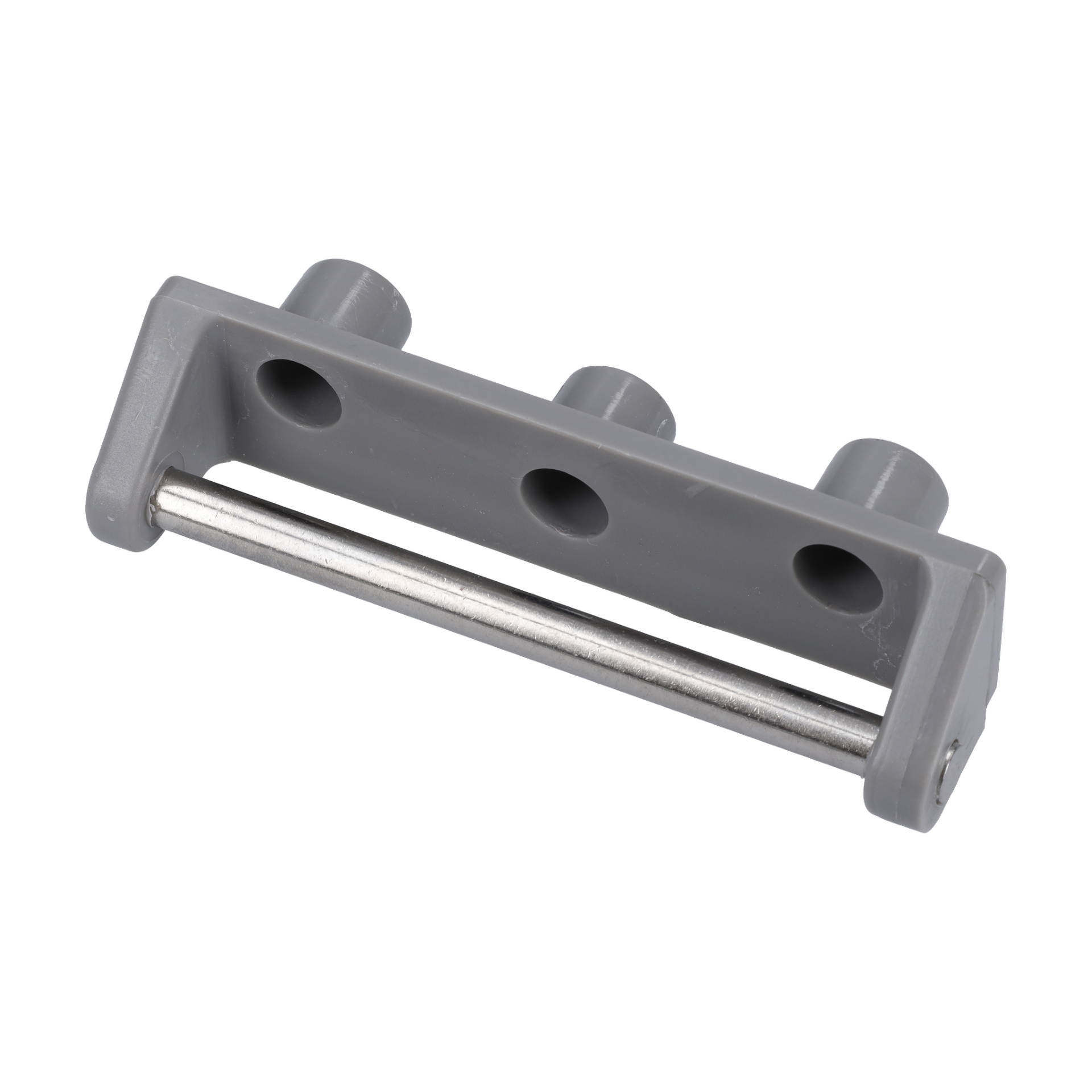 Gångjärnsfästet F. 001582 är en grå plastkontakt med tre cylindriska hål och en metallstång vid basen.