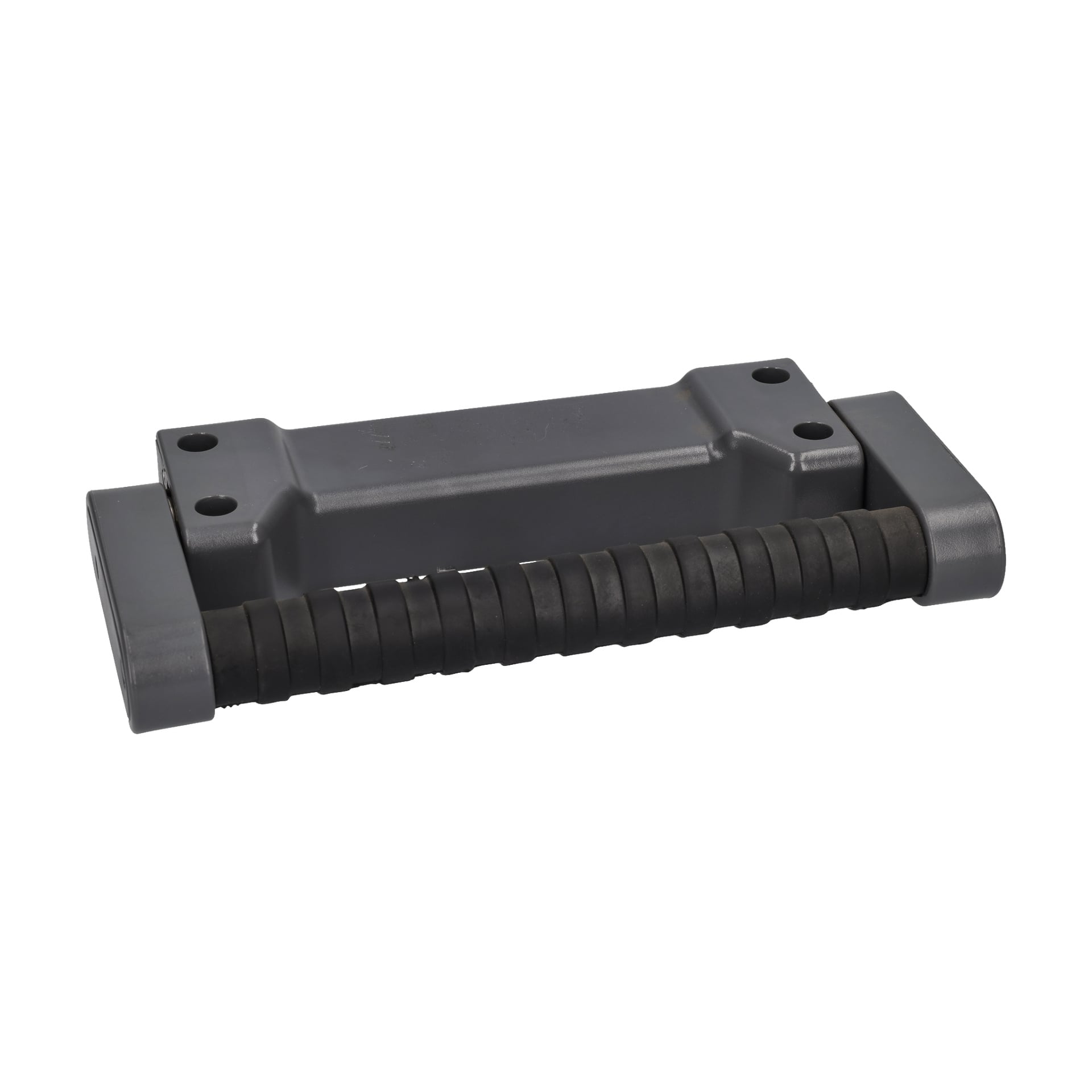 Bärhandtag F. 001582 med grå plastkropp, svart räfflad handtag och skruvhål i varje ände för montering.
