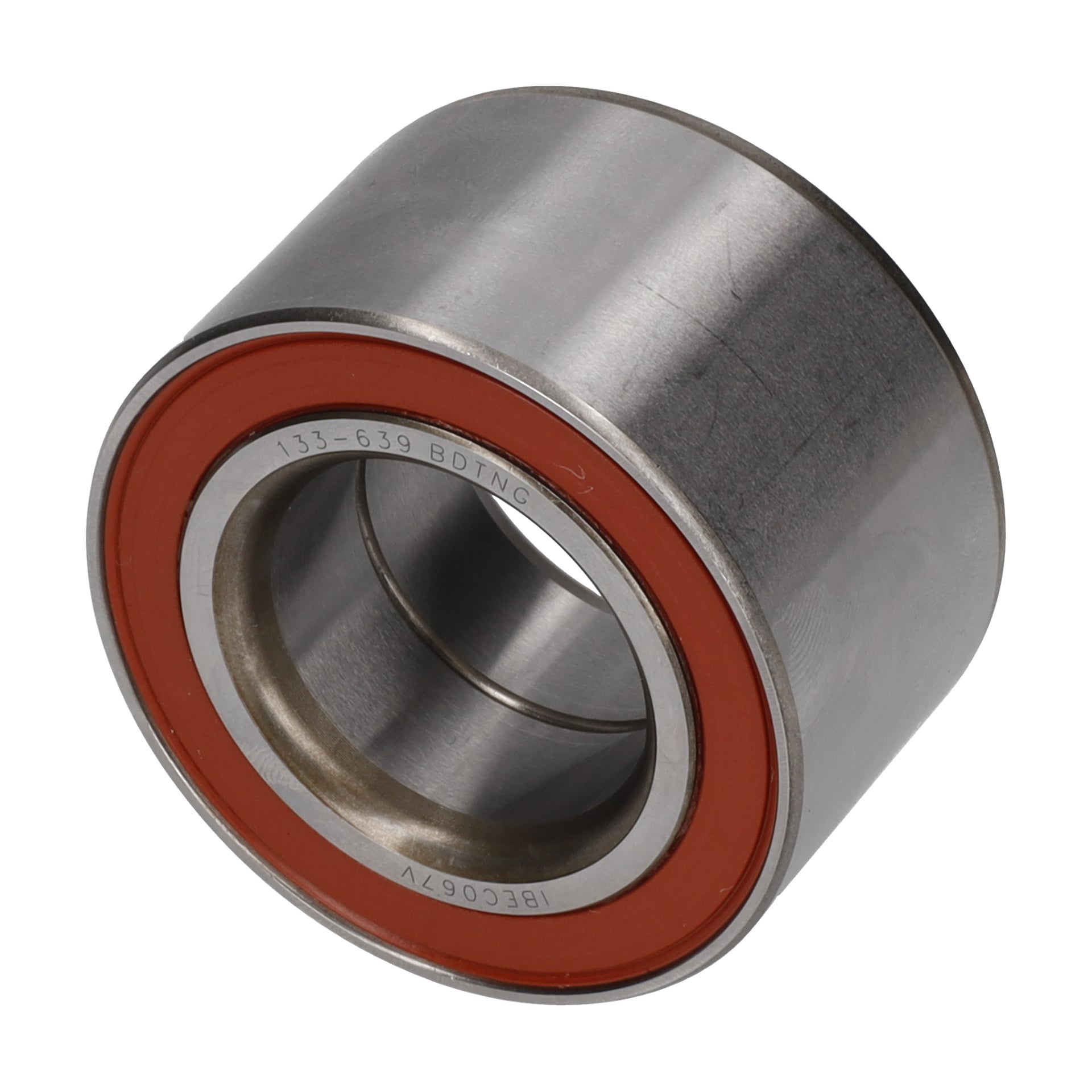 En närbild av kullager med en metallcylinder, orange försegling och graverade markeringar på dess inre ring.