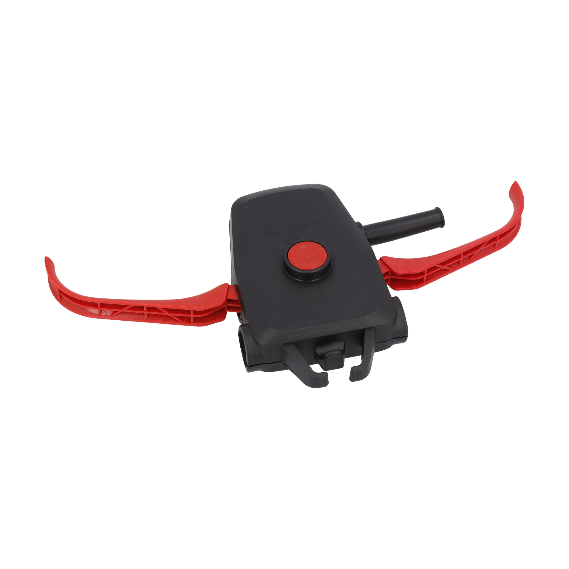 En svart och röd enhet märkt Power Switch Cpl F. 014477 har två röda armar, en svart kropp med en röd knapp och en kort sidoknopp.