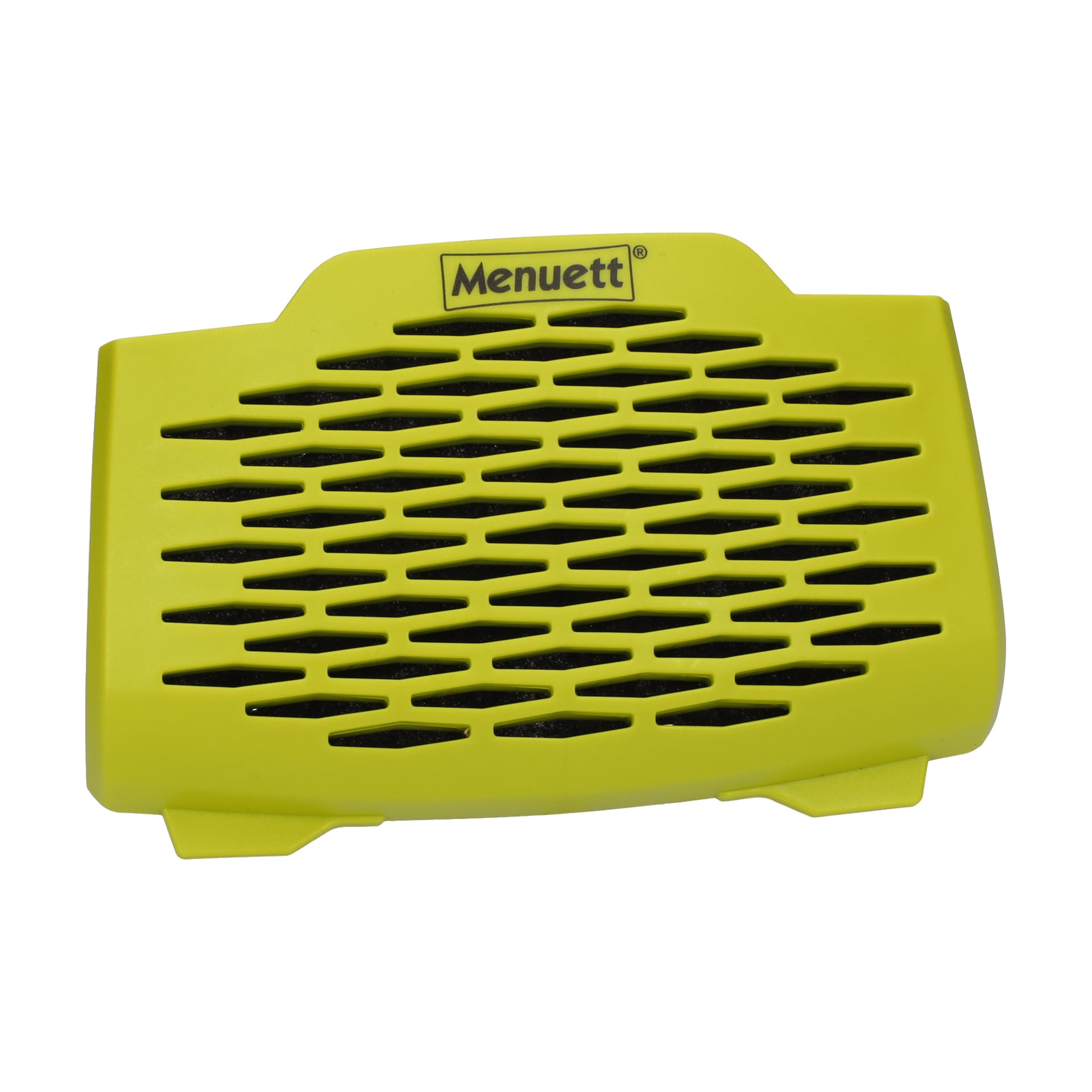 Ett gult rektangulärt plastluftutloppsfilter F. 002392 med svart grillmönster och Menuett-märkning på toppen.