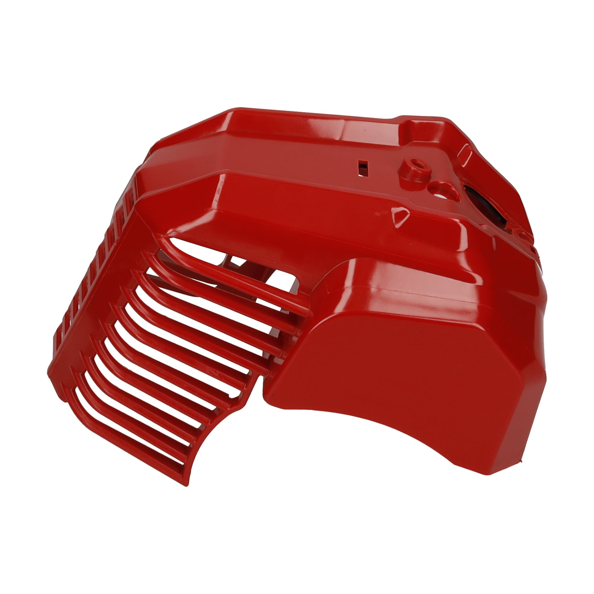 Motorhuset F. 000841 är ett rött plastmotorlock med ventiler och en slät yta, tillverkat för maskiner eller små motorer.