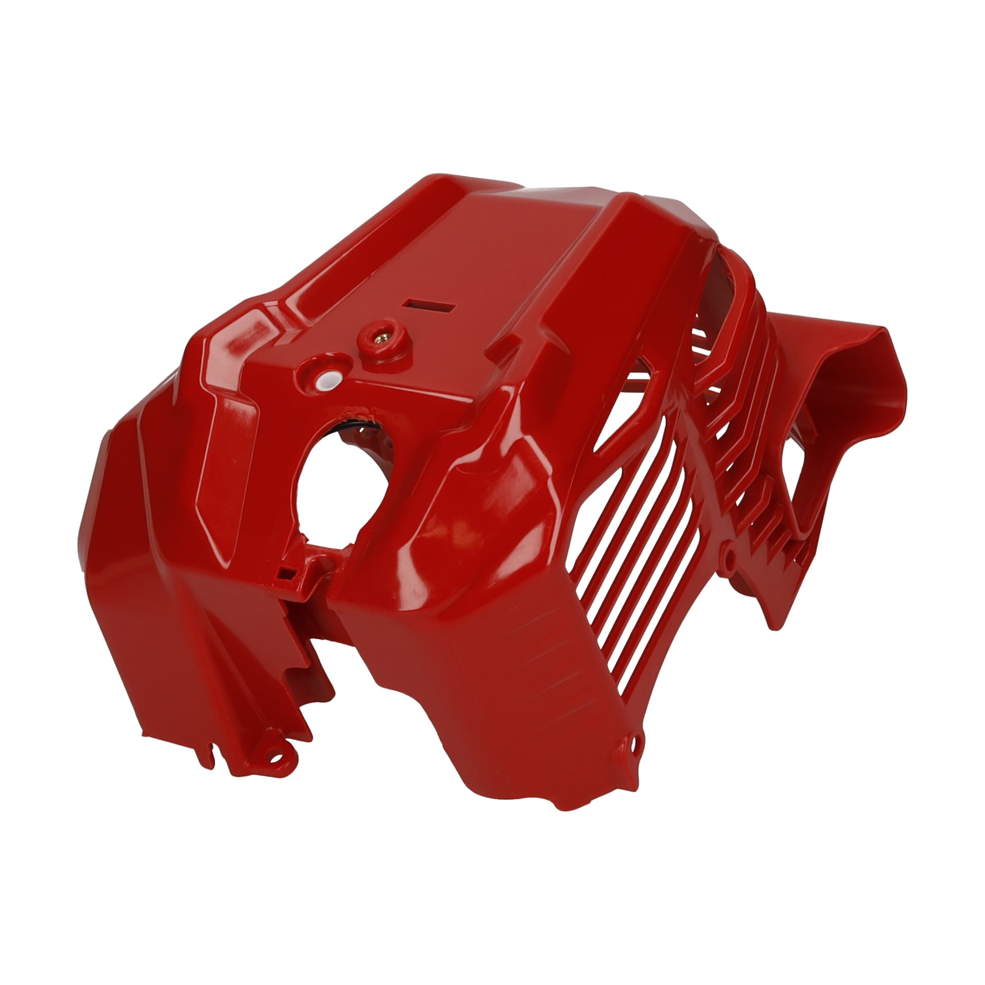 Klarröd formgjuten plastmotorhölje F. 000841 med olika ventiler, öppningar och konturer designade för maskinkomponenter.