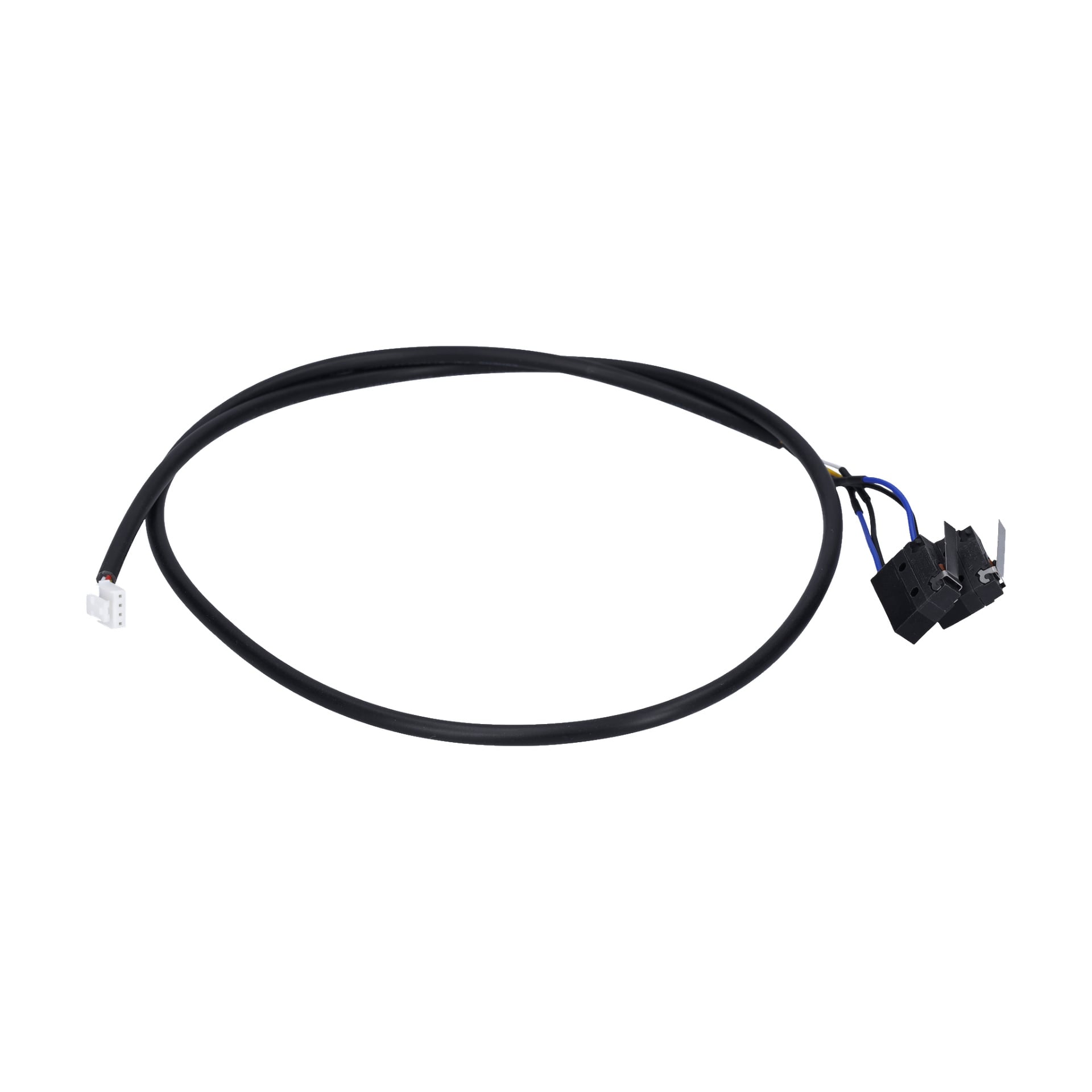 Microswitch W.-kabeln har en svart kabel, vit plastkontakt i ena änden och en svart strömbrytare med blå och bruna exponerade ledningar.