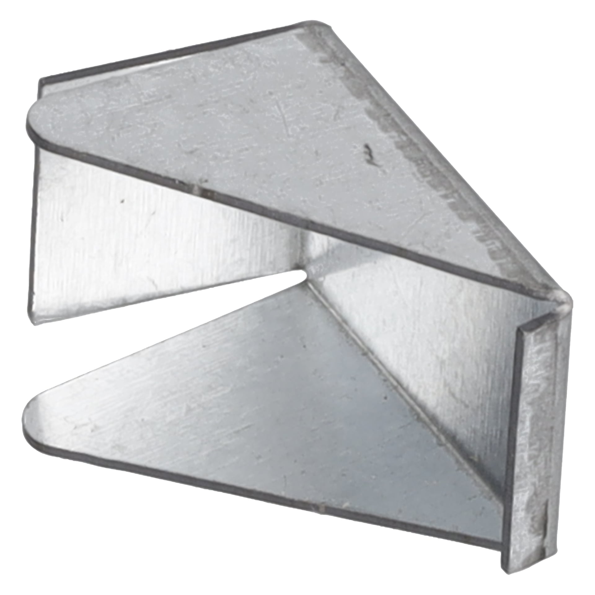 Närbild av ett V-format hyllfäste i metall med plana kanter, utformat för att koppla samman eller förstärka två delar i rät vinkel.