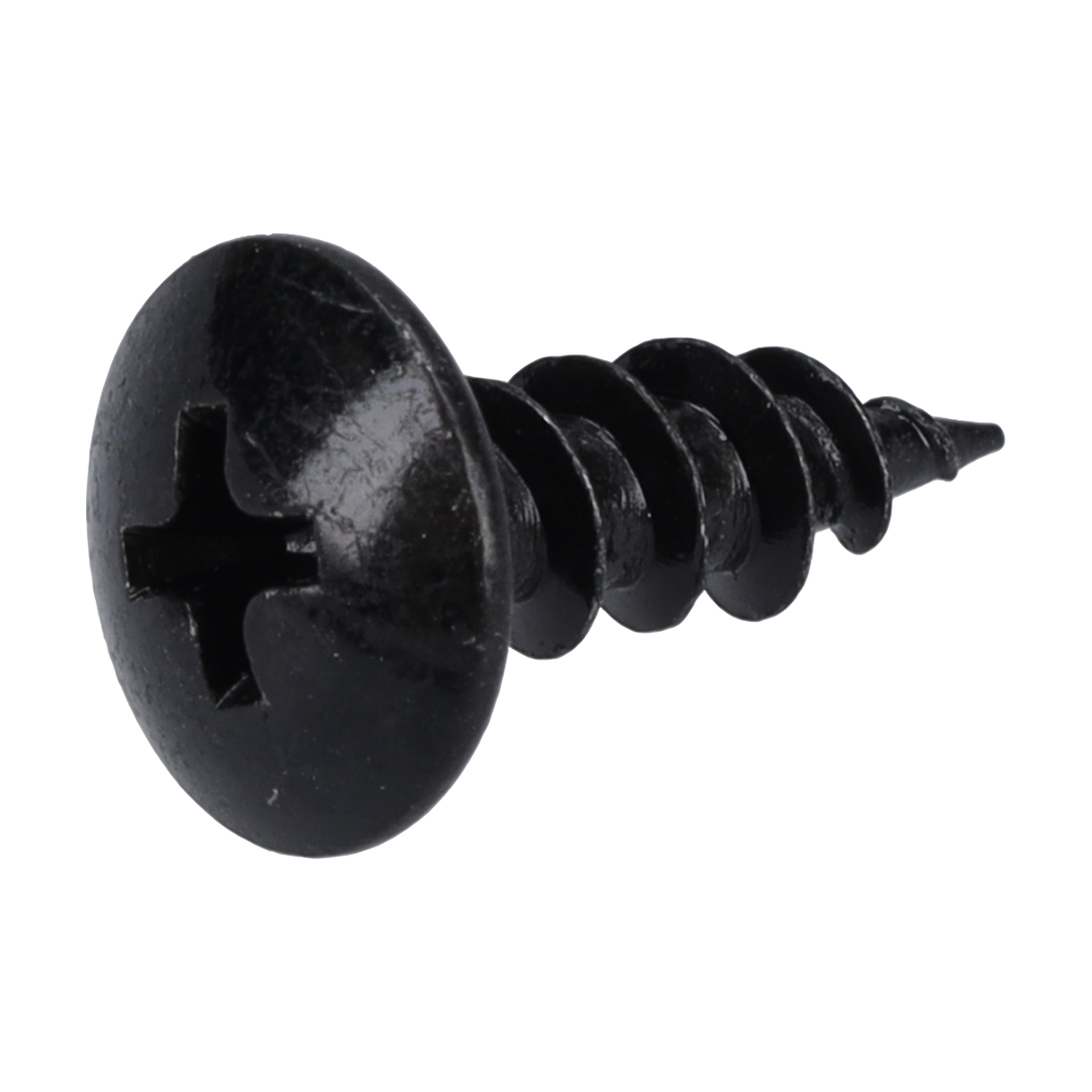 Närbild av Screw F1 F. 016937, som visar ett svart Phillips-huvud med platt, rund topp och grova gängor.