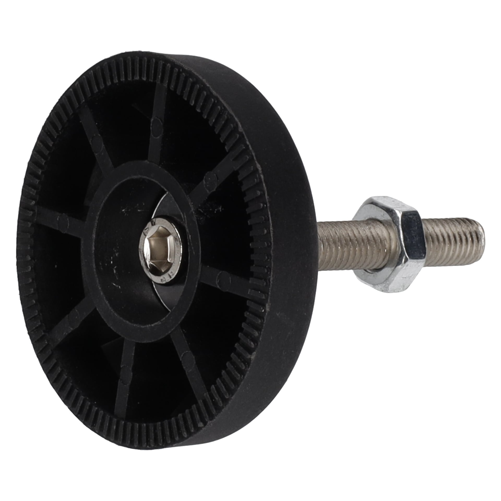Foot-garagedekorationen är en svart, rund plastknopp med räfflade kanter, en metallgängad axel, mutter och en central sexkantshylsa.