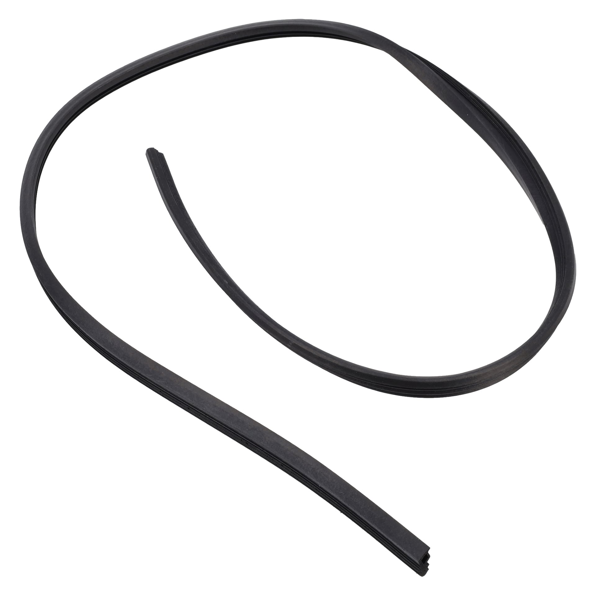 Svart spiralad gummitätningslist, platt kant och spår, designade för att täta dörrar eller fönster mot luft- och vattenläckage.