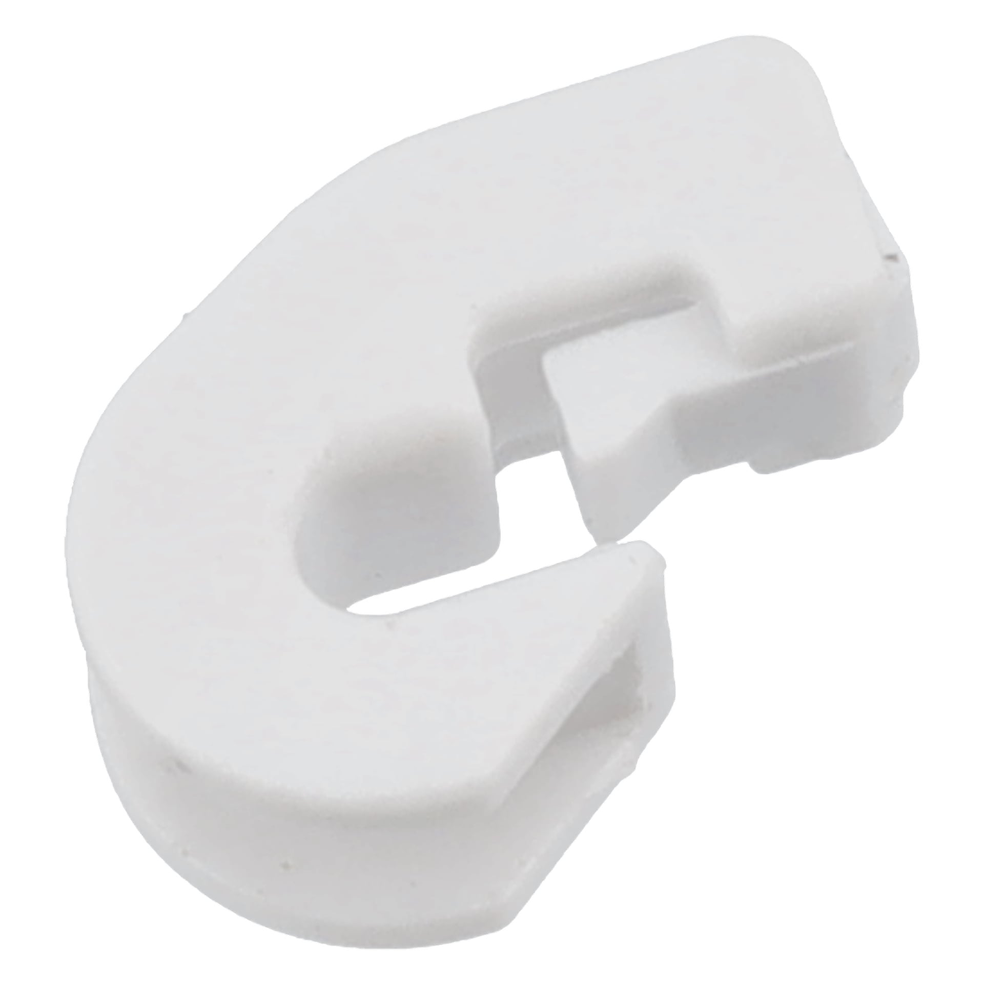Dörrkontrollen F. 018208 är en vit, böjd plastklämma med öppen slits och en urtagen sektion nära dess inre kurva.