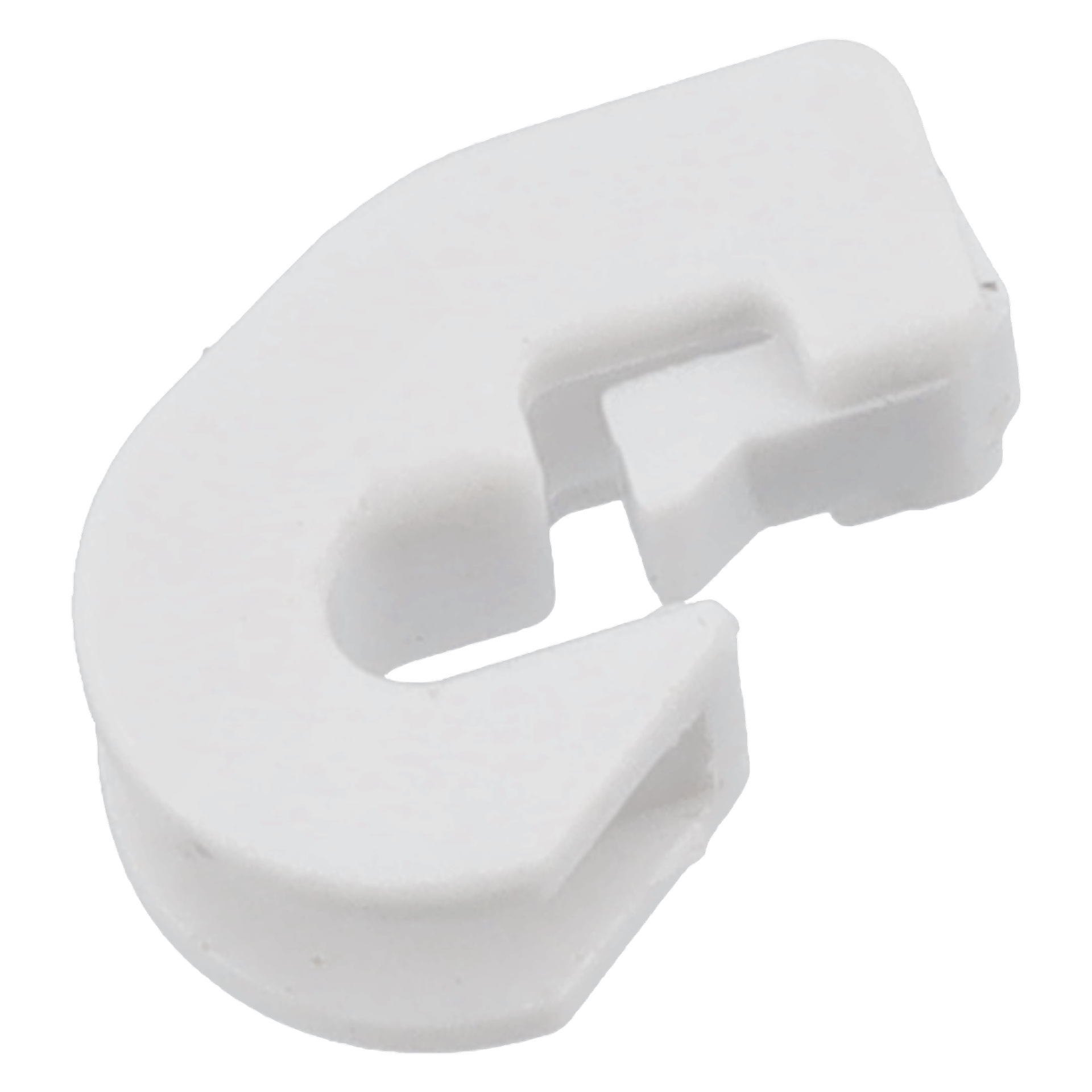 Dörrkontrollen F. 018208 är en vit, böjd plastklämma med öppen slits och en urtagen sektion nära dess inre kurva.