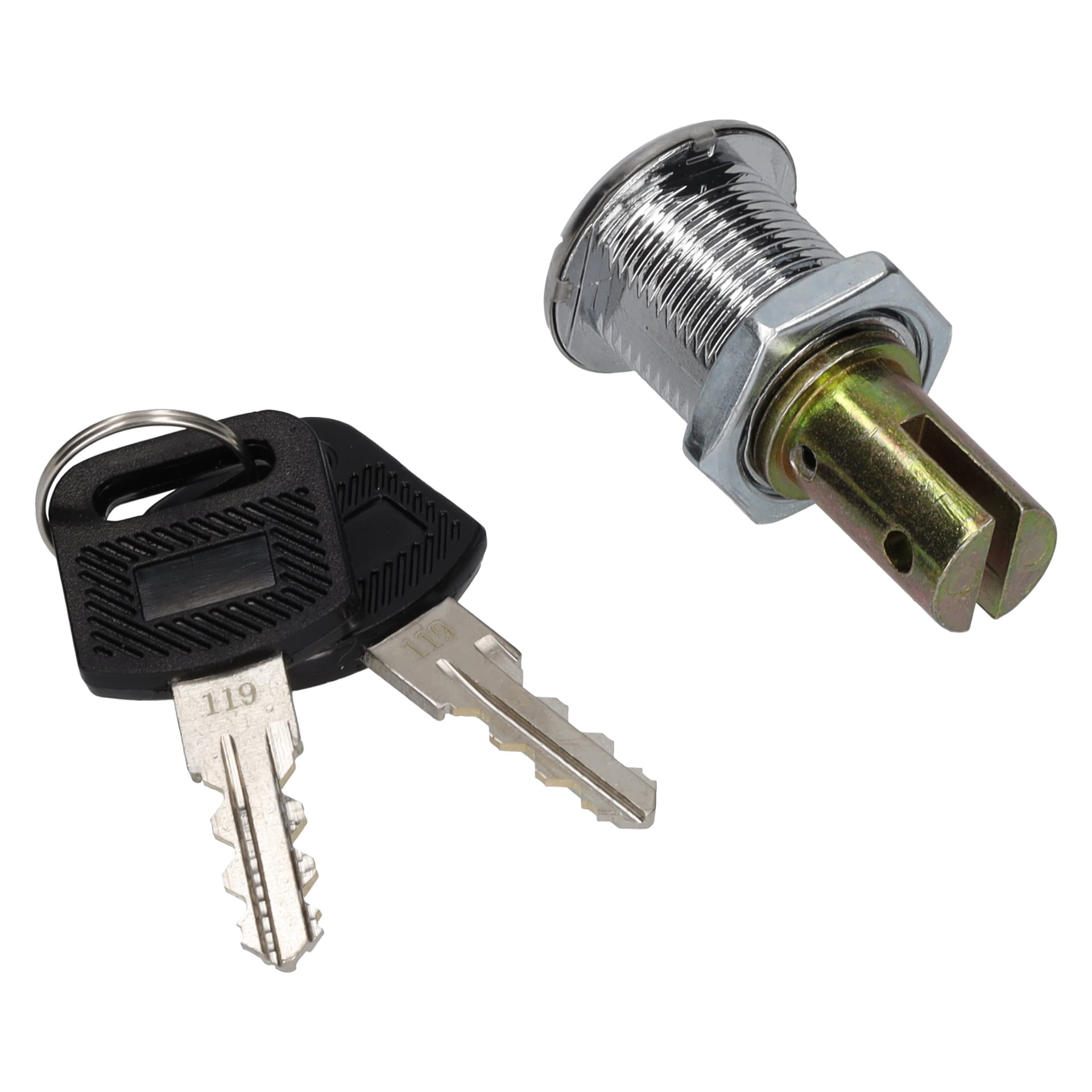 En svart nyckelring med två nycklar ligger bredvid ett cylindriskt, gängat metallskåplås med en slitsad kam i änden.