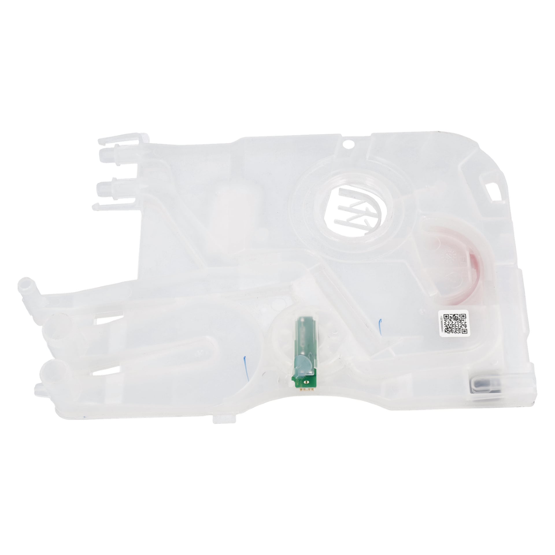 En genomskinlig plastbehållare för Ventilation F. 018208 med flera cylindriska utskott, en grön del och en QR-kod ser mekanisk ut.