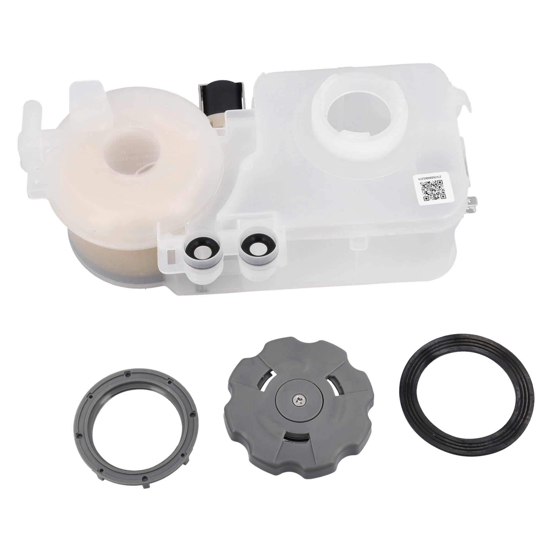 Softener F. 018208 är en plastdel till en bildel med genomskinlig behållare, filter, grå lock, svart packning och grå ring.