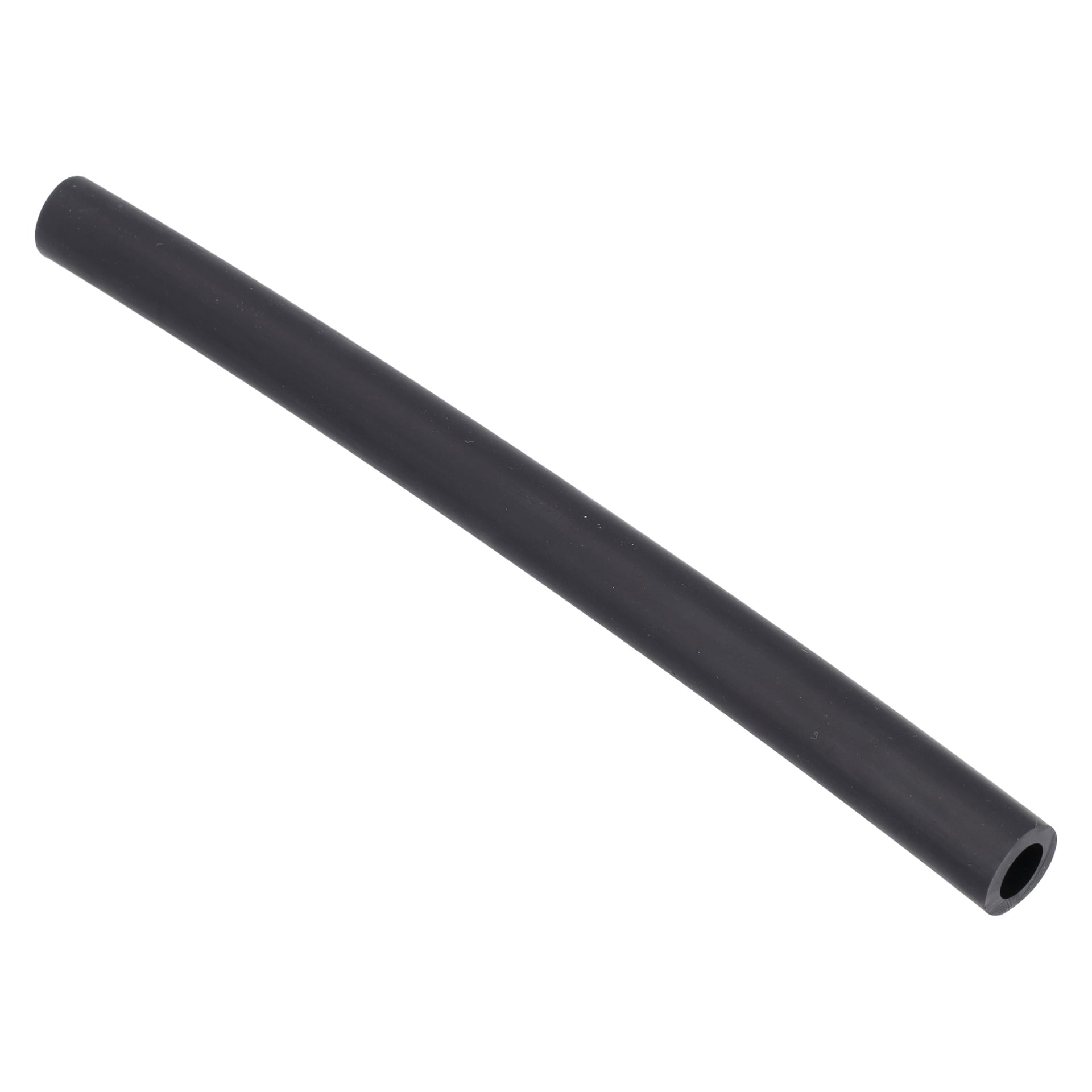 Utloppsröret F. 018208 är ett svart, lätt böjt cylindriskt gummirör med öppen ände.