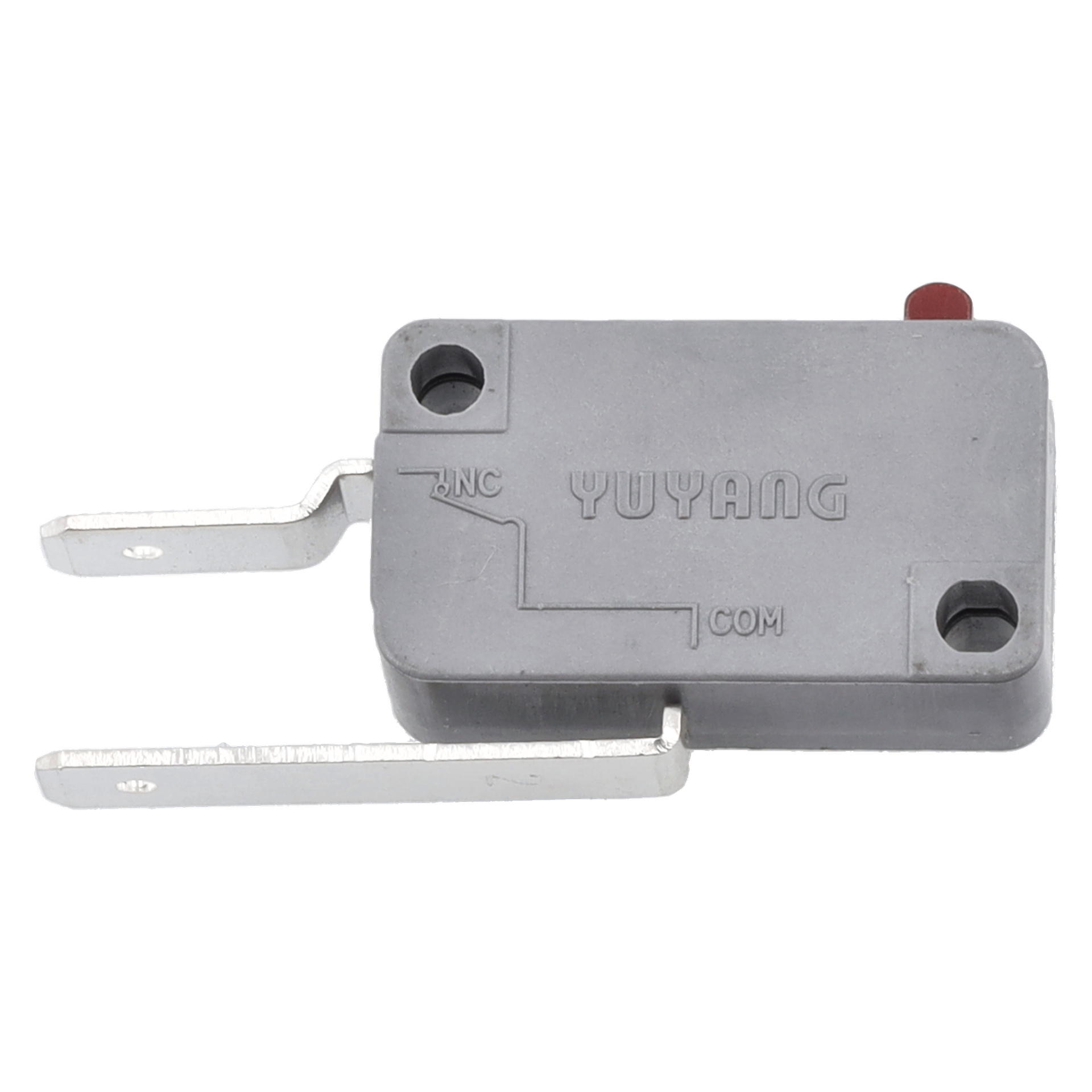 Rektangulär grå Microswitch F. 018208 med NC- och COM-metallterminaler, YUYANG-märkning och en röd knapp uppe till höger.