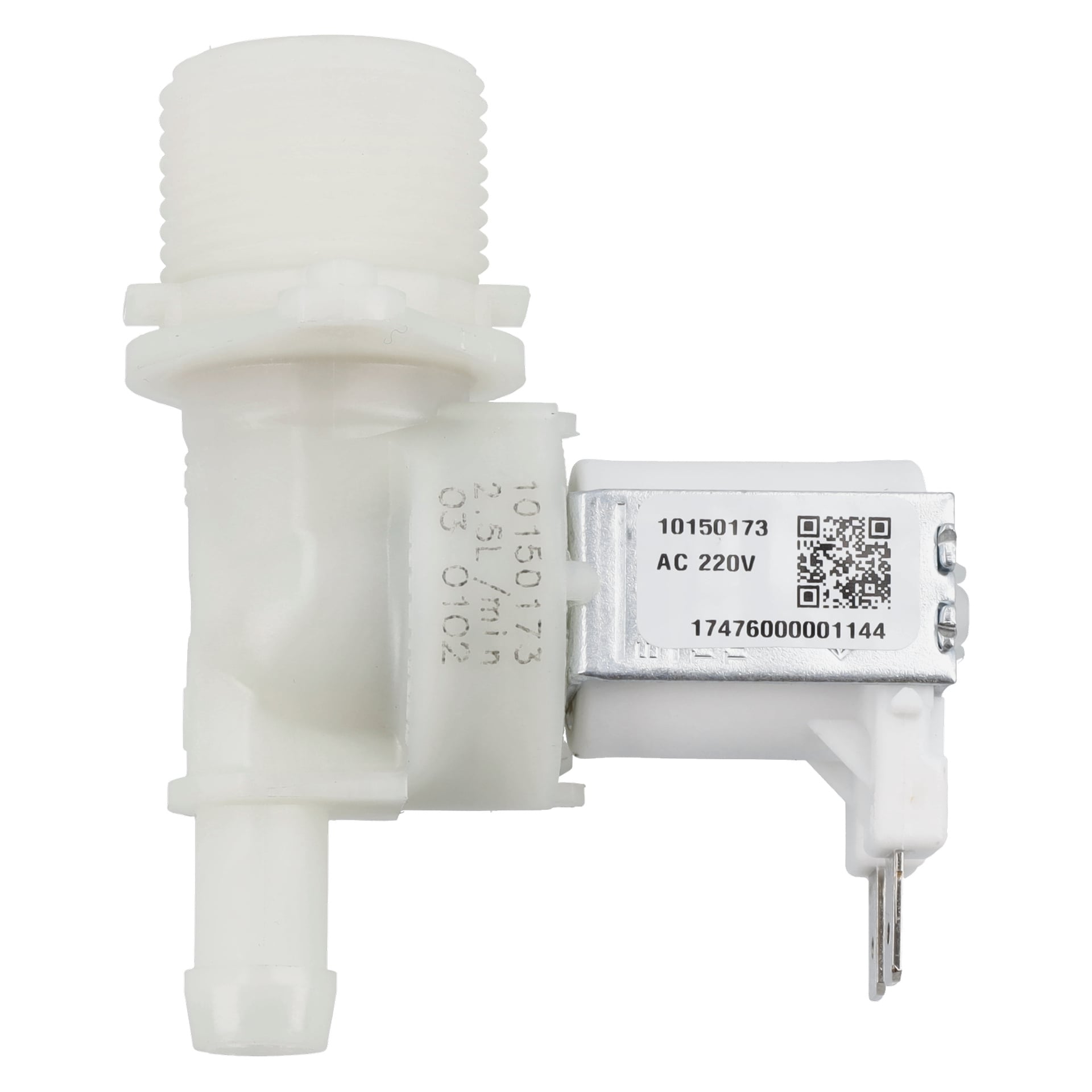 Vit plastmagnetventil med gängad inlopp, cylindrisk kropp, metallspole märkt 10150173 AC 220V, QR-kod och serienummer.
