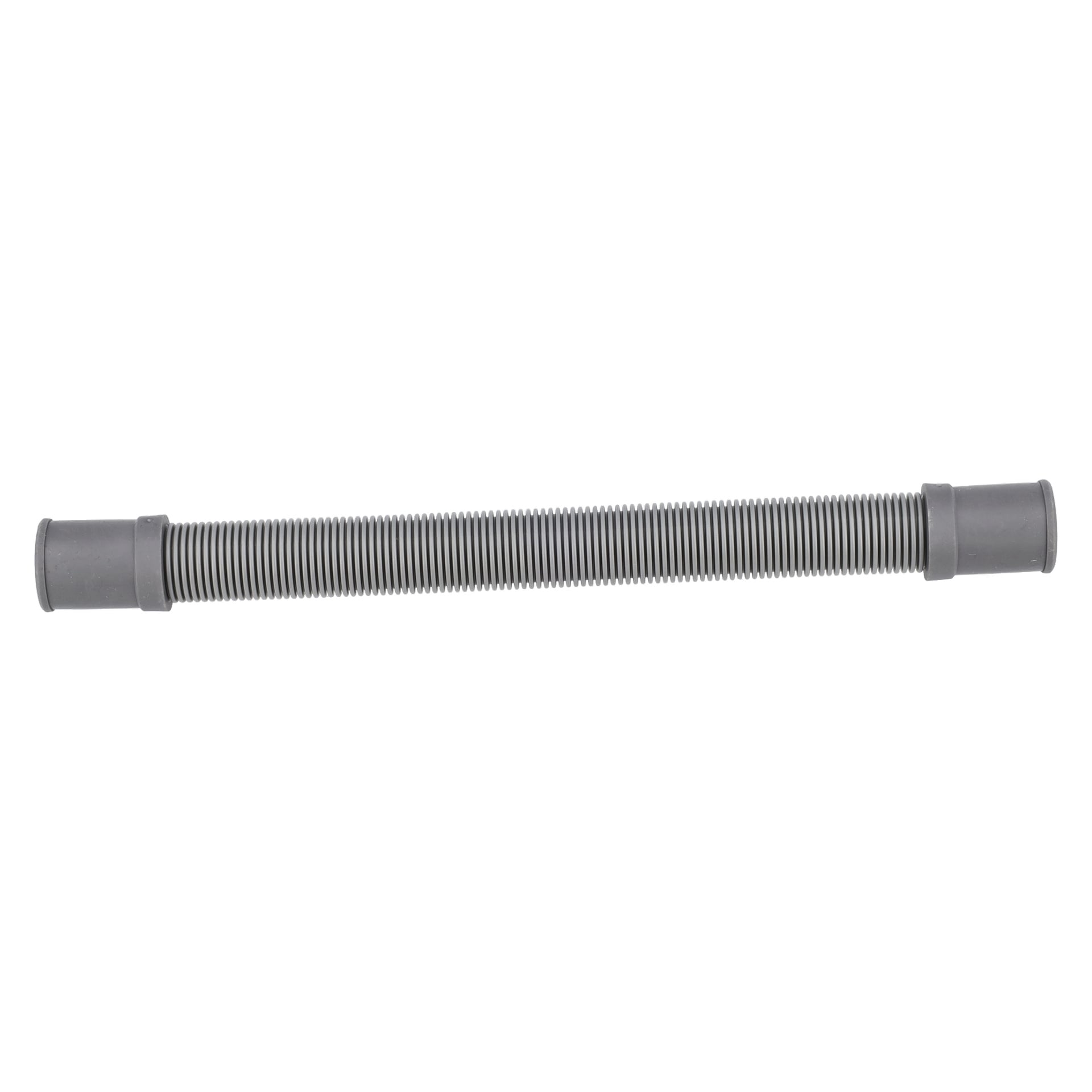 Drain Pipe F. 018208 är ett grått, flexibelt korrugerat rör med släta cylindriska kopplingar i båda ändar.