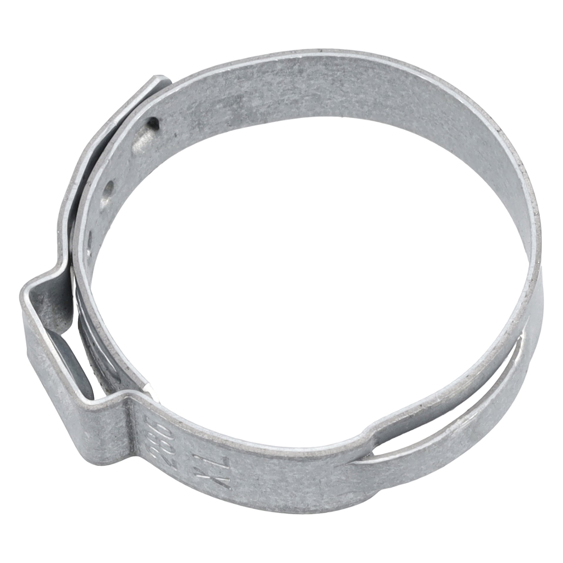 Närbild av Clamp 513 F. 018208, en metallslangklämma med rund form och krimpfunktion för att fästa slangar ordentligt.