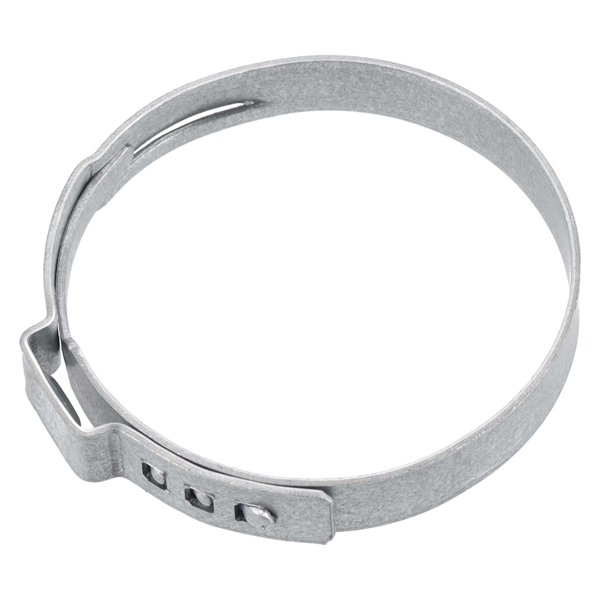 Klämma 533 F. 018208 är en metallslangklämma med ett slätt band och spår vid spännet, som används för att säkra slangar eller rör.