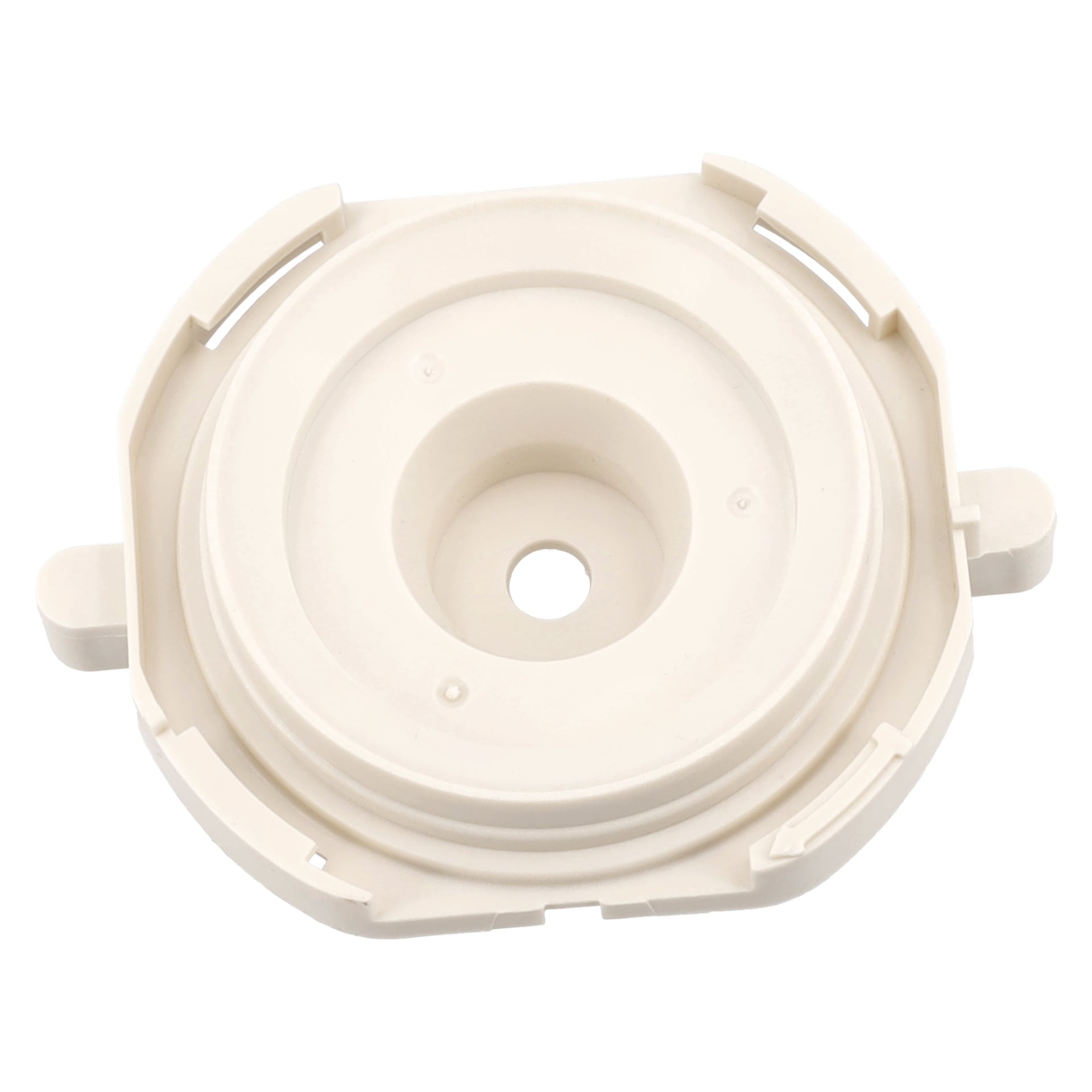 Rund, offwhite Lower Pump Housing F. 018208 med mitthål, upphöjd kant, två flikar och indragen räfflad yta.
