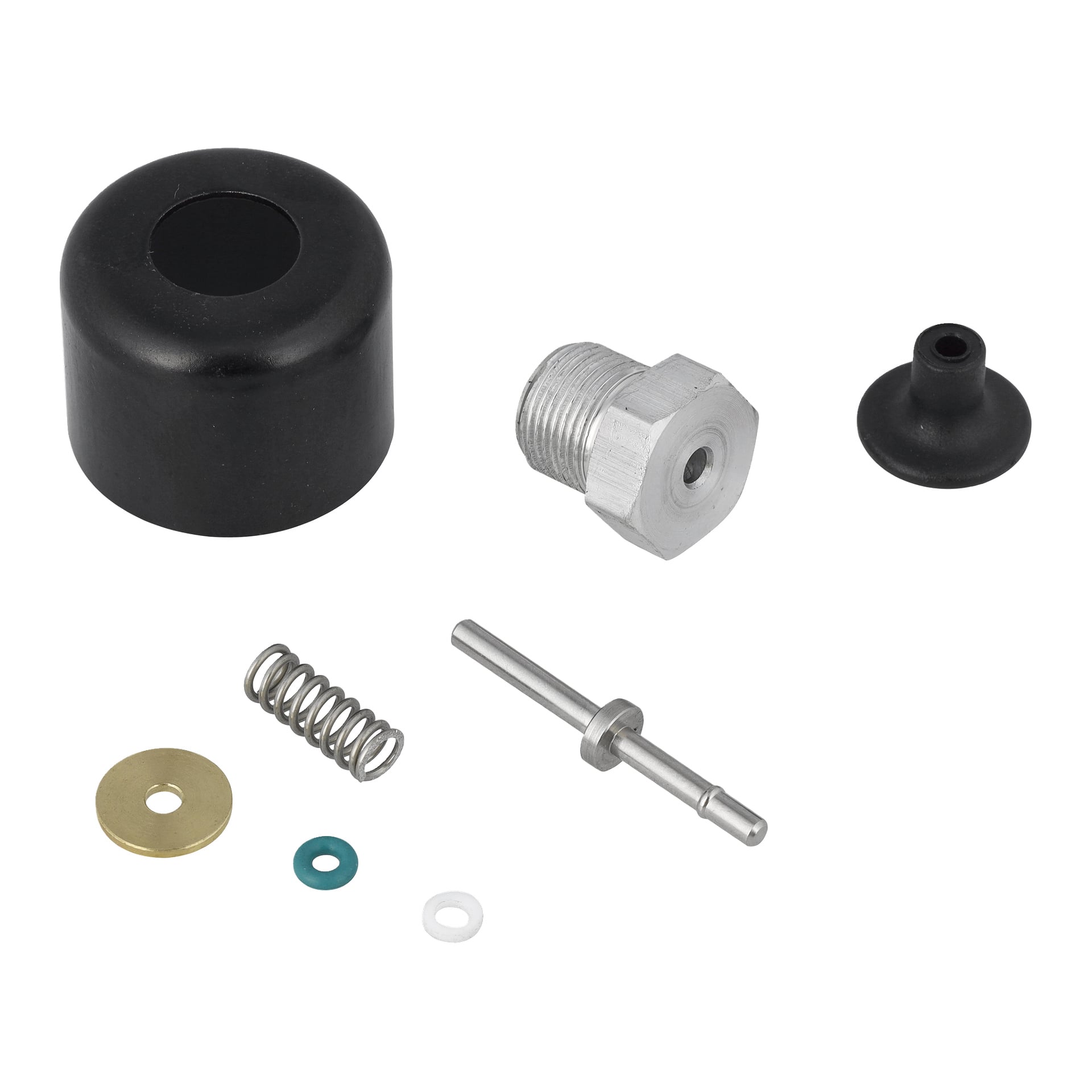 Avtryckarsetet inkluderar svart lock, metallbult, gummipackning, metallfjäder, stång och flera små brickor.