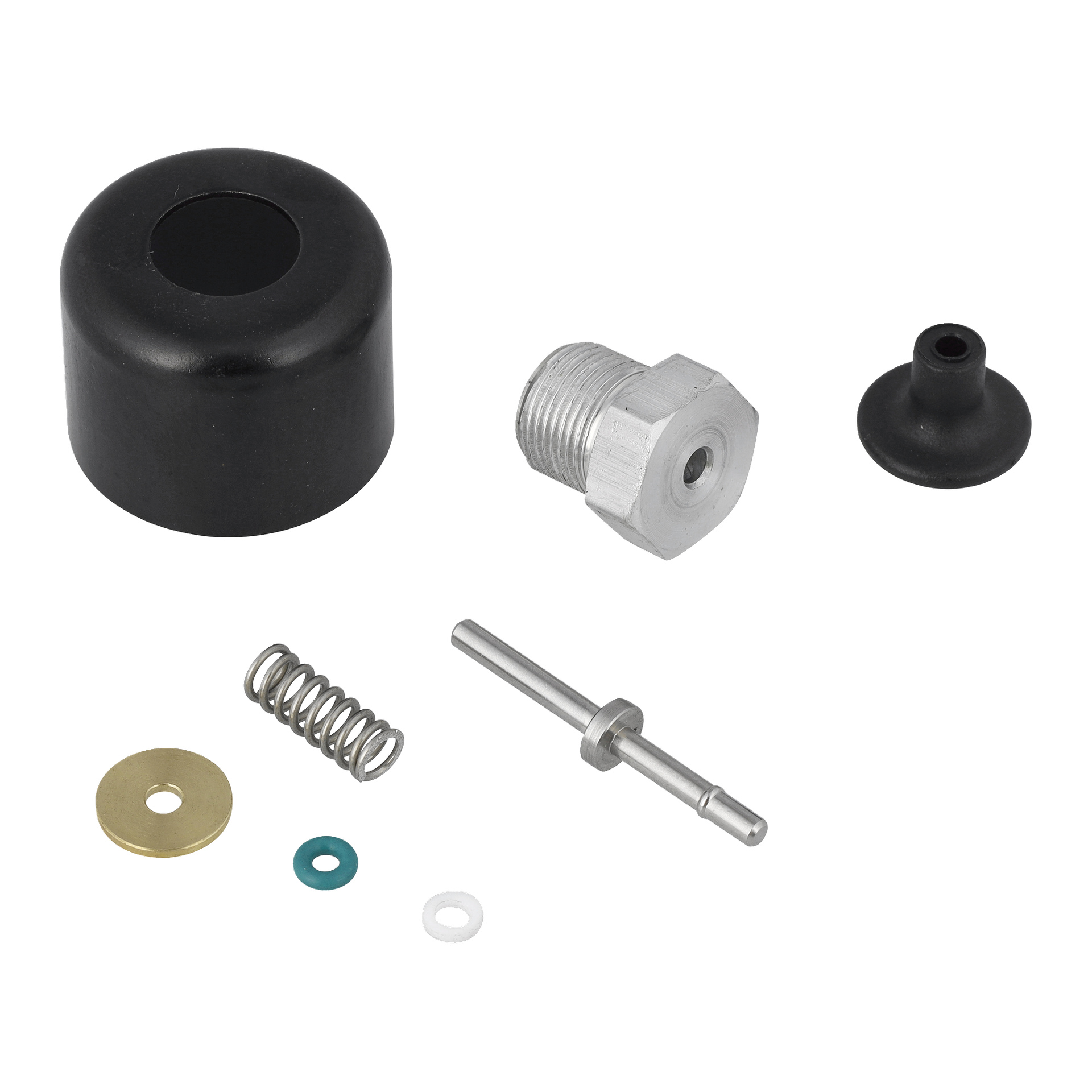 Avtryckarsetet inkluderar svart lock, metallbult, gummipackning, metallfjäder, stång och flera små brickor.