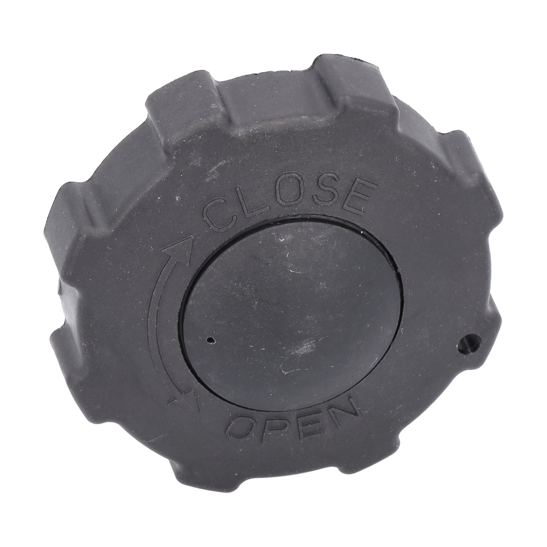 Svart plastfyllnadslock F. 013433/013434 med hackade kanter, upphöjda STÄNG- och ÖPPEN-etiketter samt riktningspilar.
