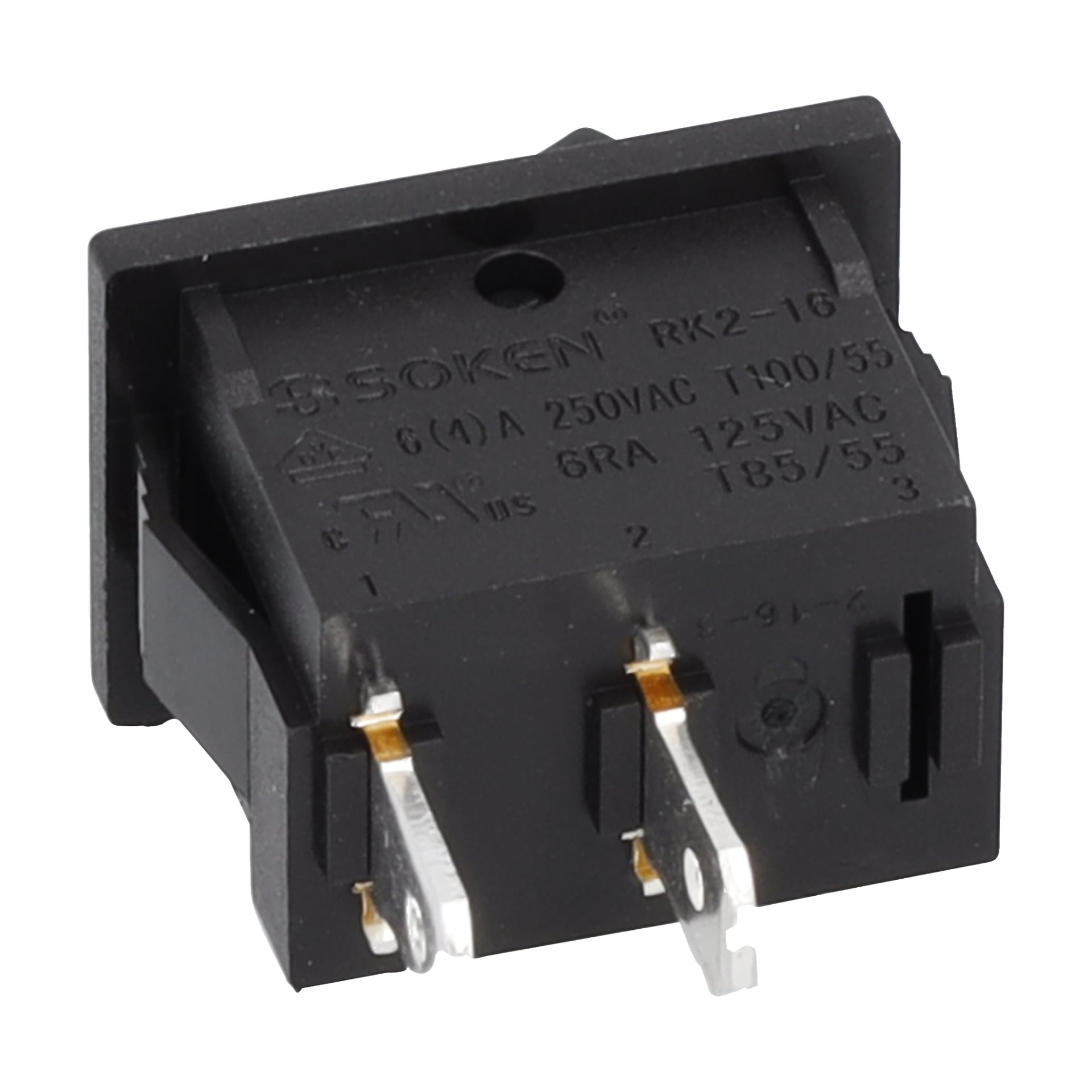 Närbild på strömbrytare F. 013433/013434, svart vippare med metallterminaler, märkt 6A 250VAC, Soken RK2-16 ovanpå.