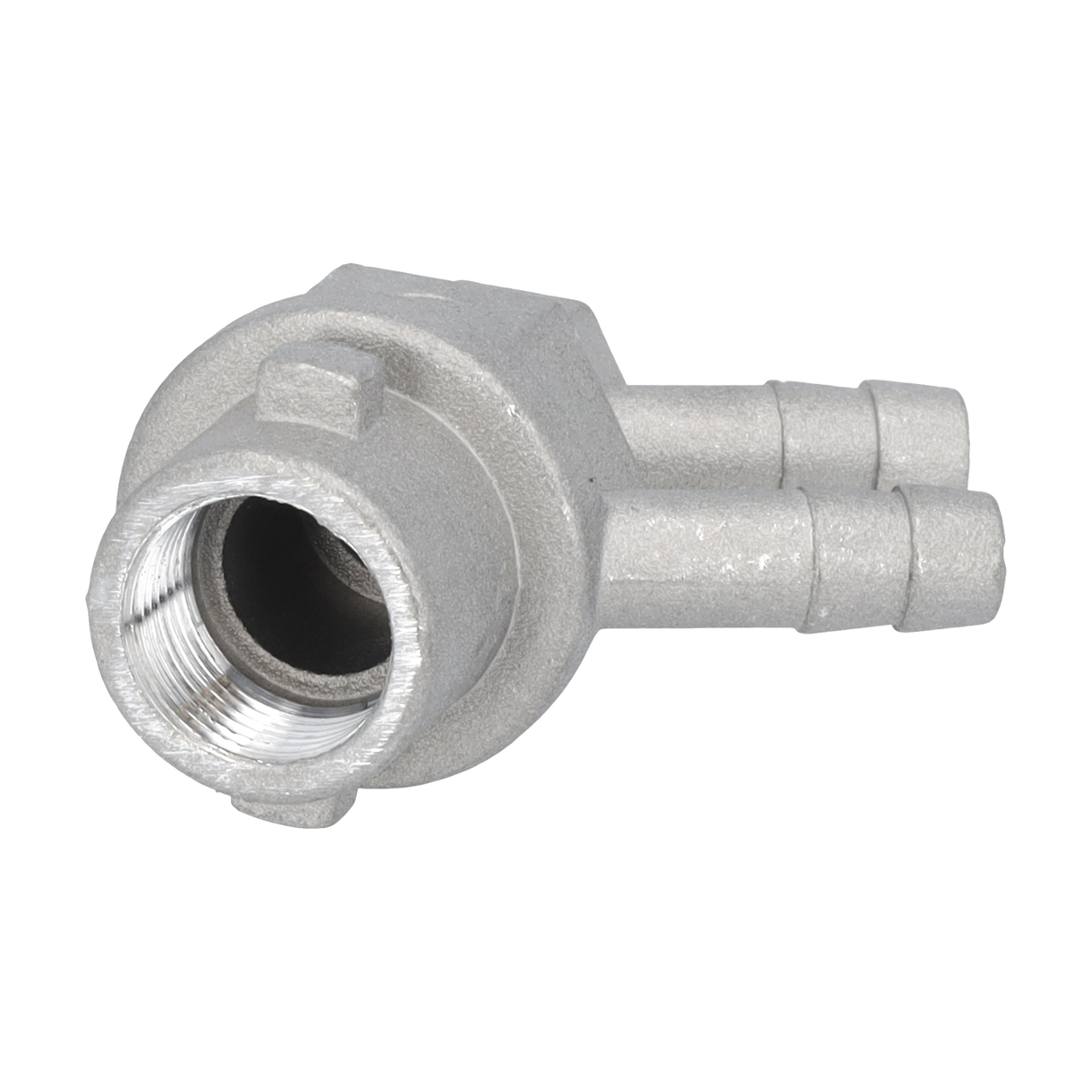Kiinnike F-suutin F. 013433/434 metalliliittimessä on kierteinen pää ja kaksi piikkiletkuliitintä putkistojärjestelmien letkujen liittämiseen.