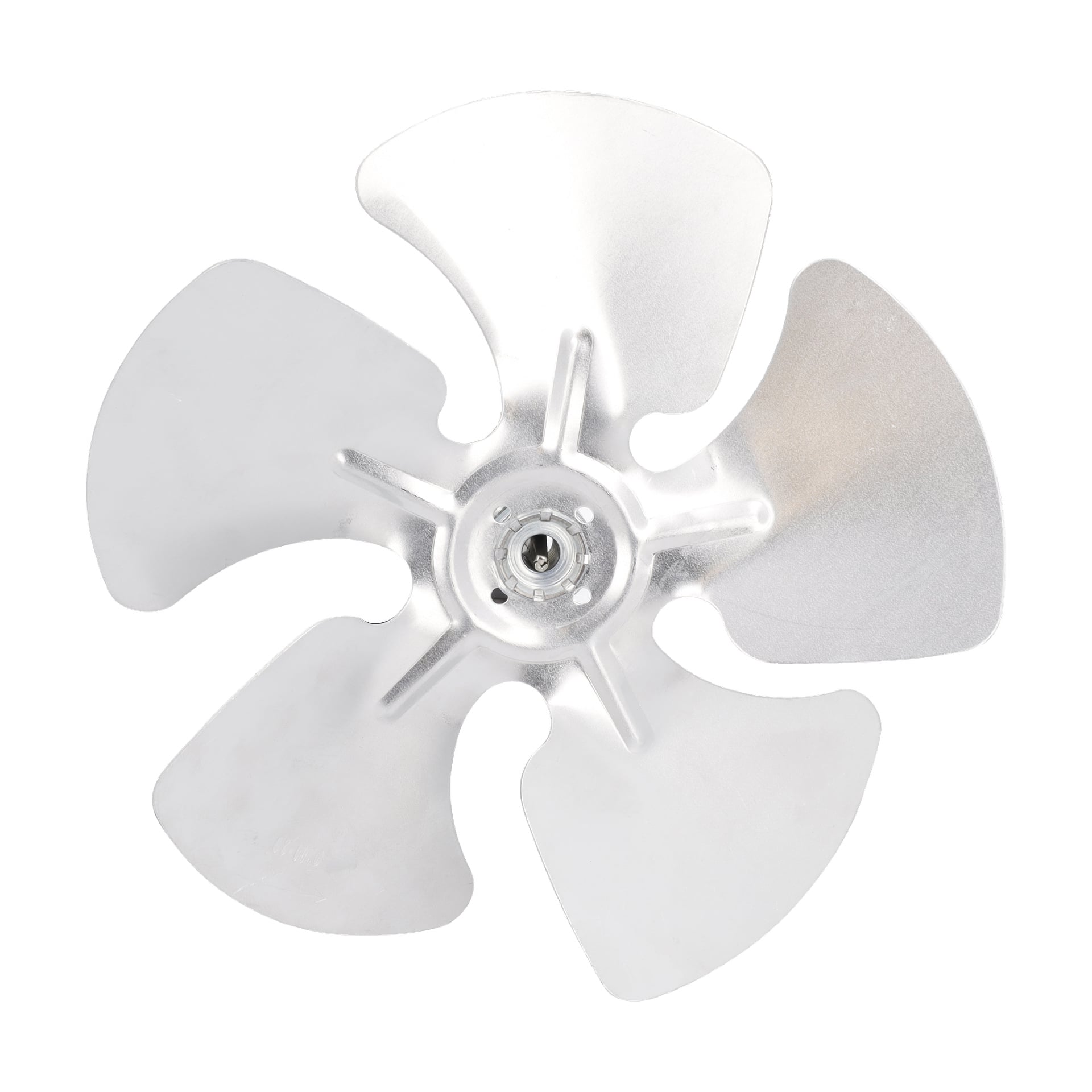 Fan-dieselvärmaren har en fyrbladig propeller i metall sett ovanifrån, där varje blad böjer sig utåt från centralnavet.