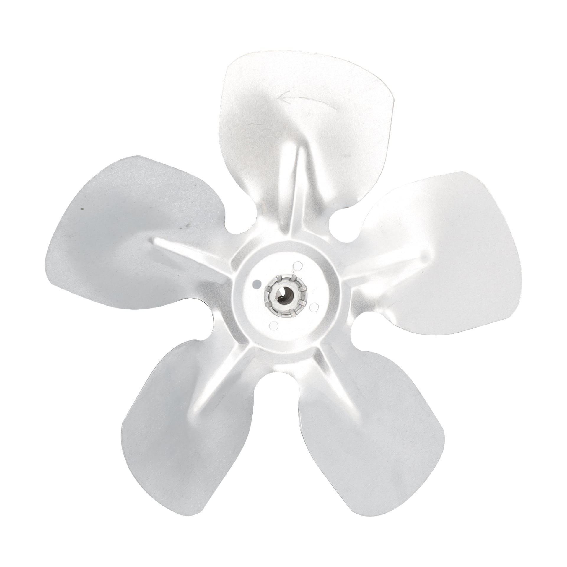 Fan F. 013434 har fem böjda metallblad kopplade till en central nav med en synlig monteringsbult.