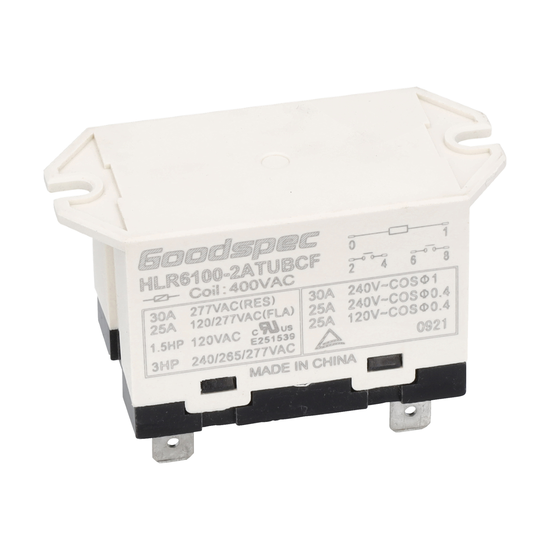 Rektangulärt vitt relä med "Relay 380-400W Ac 25A F.013517" etikett, specifikationer, ledningsschema och metallterminaler vid basen.