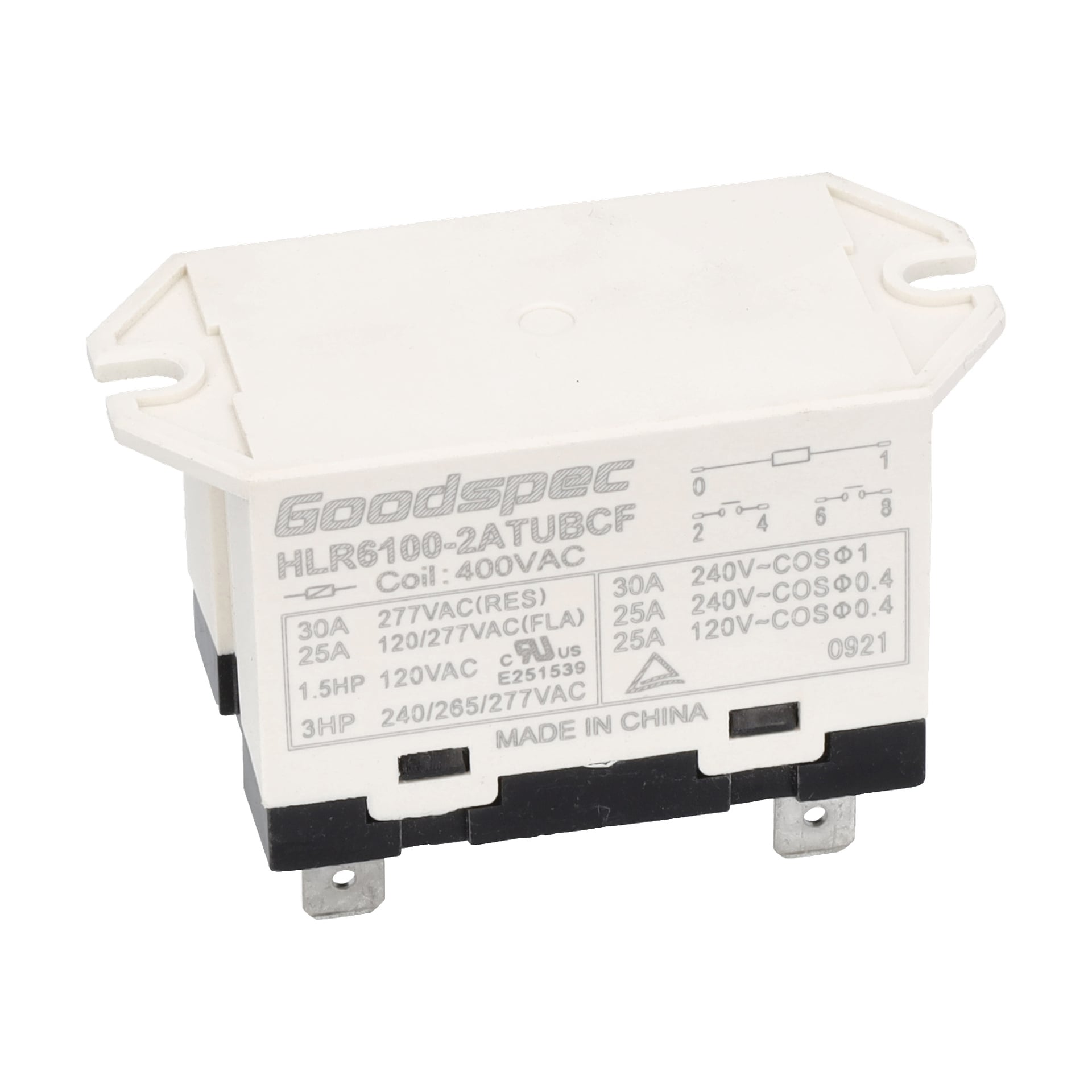 Rektangulärt vitt relä med "Relay 380-400W Ac 25A F.013517" etikett, specifikationer, ledningsschema och metallterminaler vid basen.