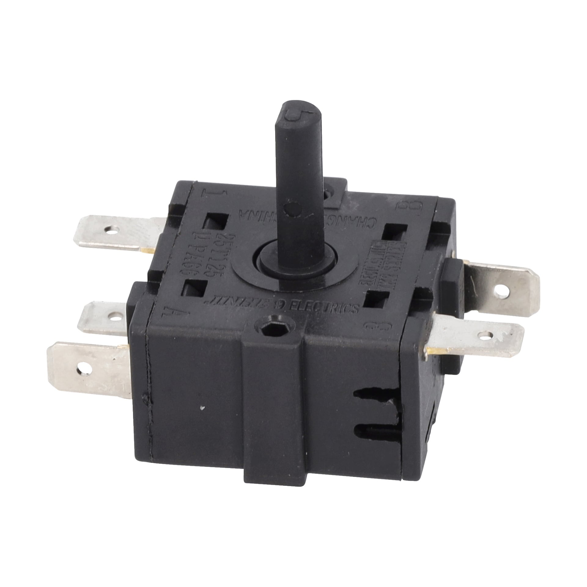 Strömbrytare F. 013517 är en svart roterande brytare med fyra metallterminaler och en central roterande axel för elektroniska enheter.