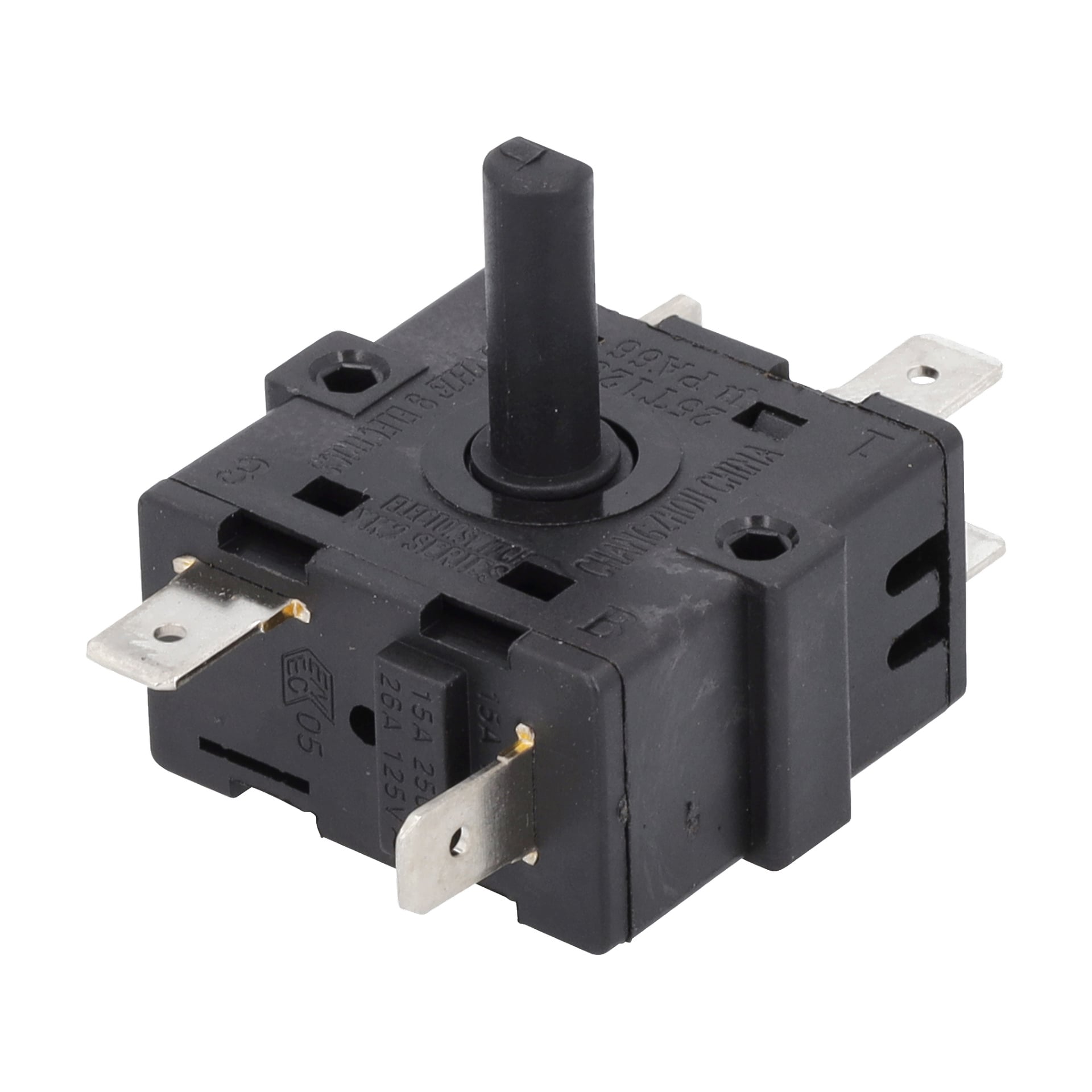 Power Switch F. 013517 är en svart roterande brytare med en central axel, fyra metallterminaler och präglade koder på höljet.