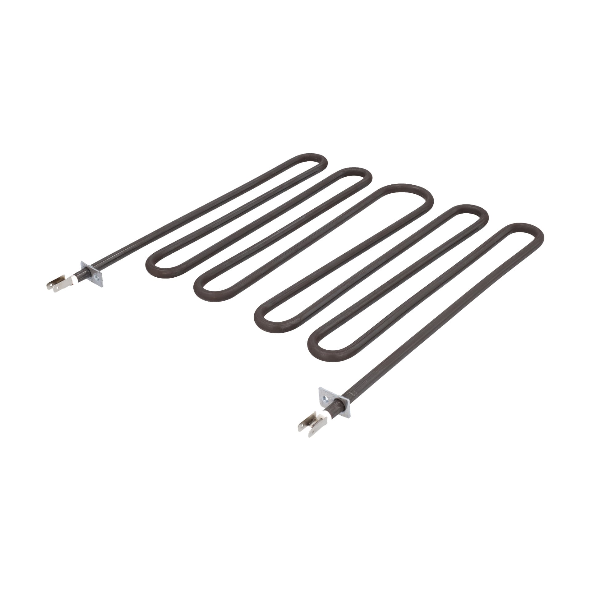 Element F. 013517 är ett metallvärmeelement med fyra slingor och två plana fästen i varje ände för montering av ugn eller utrustning.